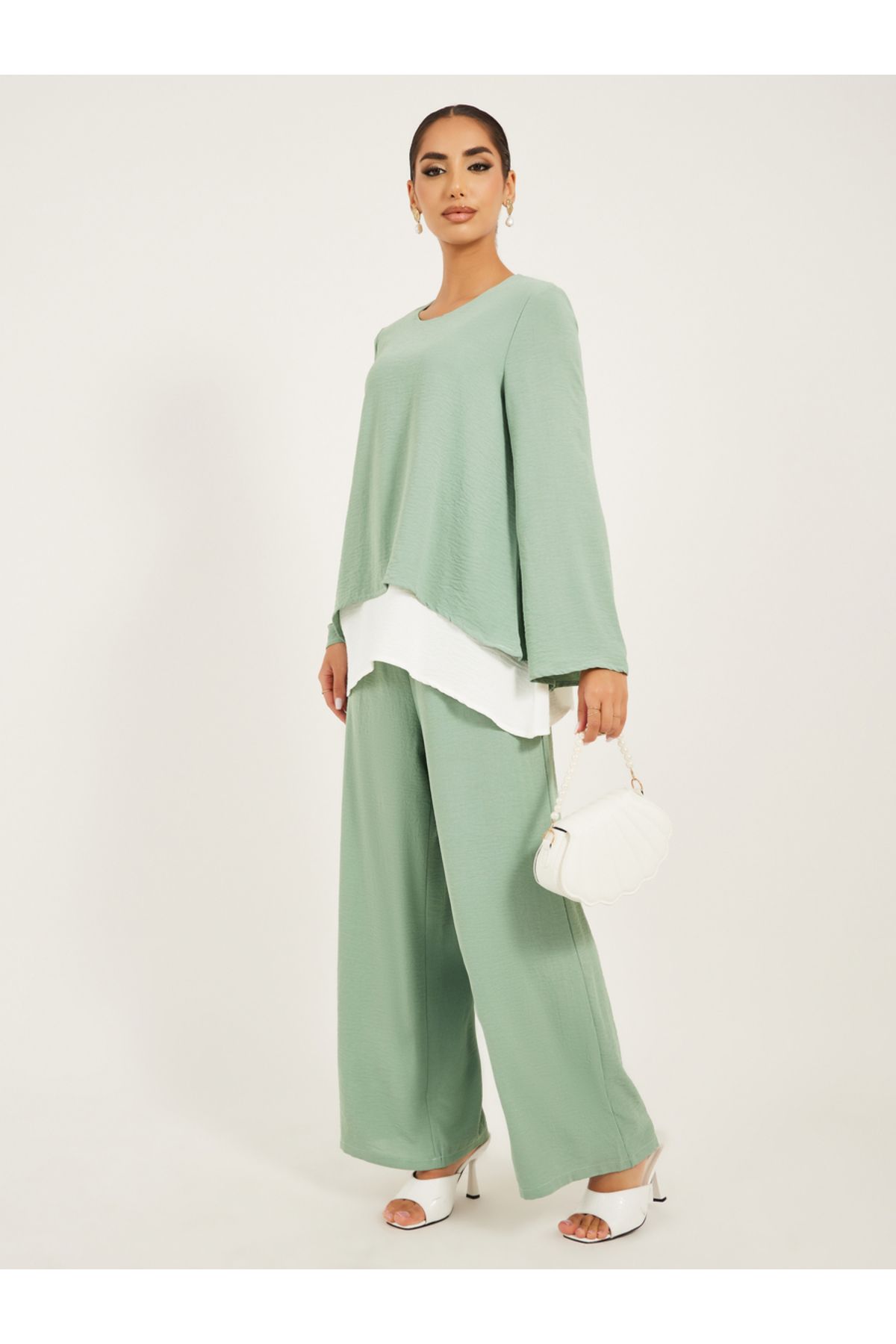 Styli-Wide leg pants and long top modest set 2