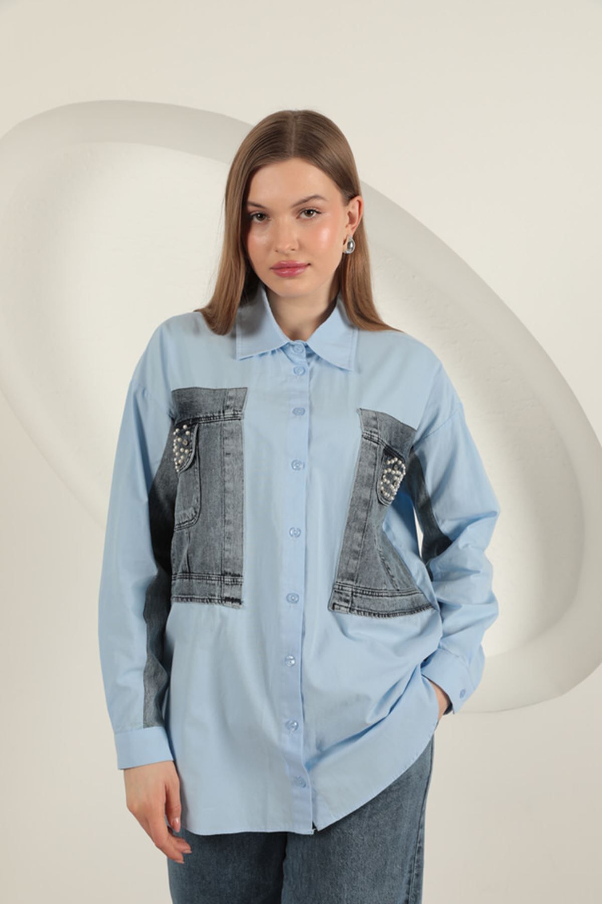 blueb Poplin Kumaş Kot Garnili Mavi Kadın Gömlek