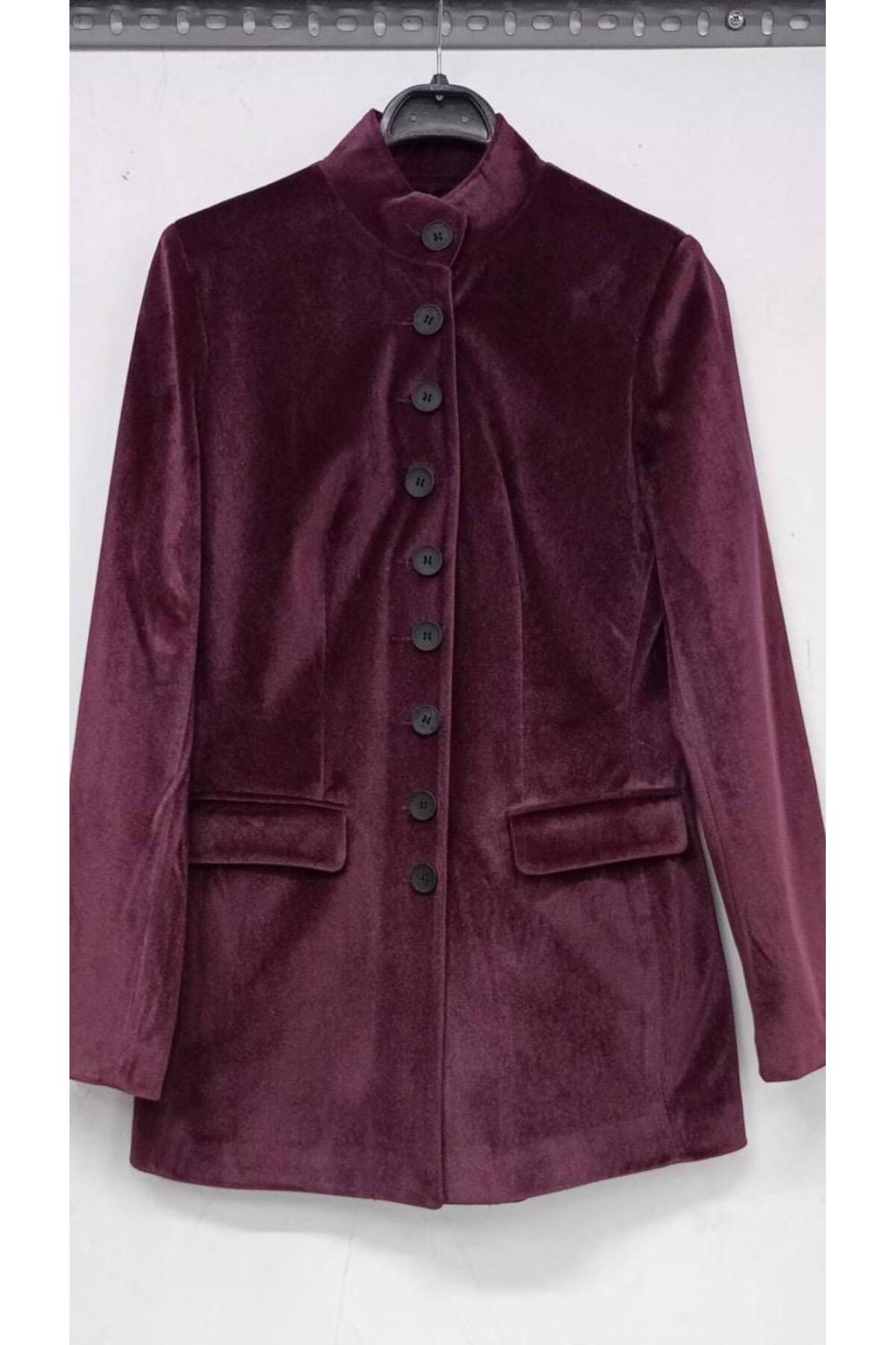 MODAGK  Vintage Kadife Uzun Mürdüm Ceket - Görsel 3