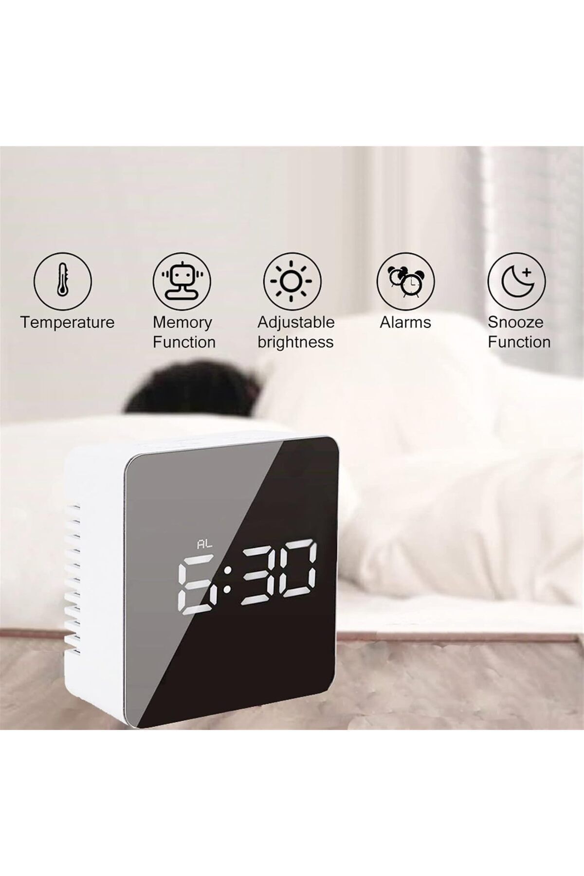fulina-ساعة منبه سطح المكتب، شاشة LED كبيرة، الوقت ودرجة الحرارة، خمسة أزرار وظيفية، للمنزل، أبيض 5