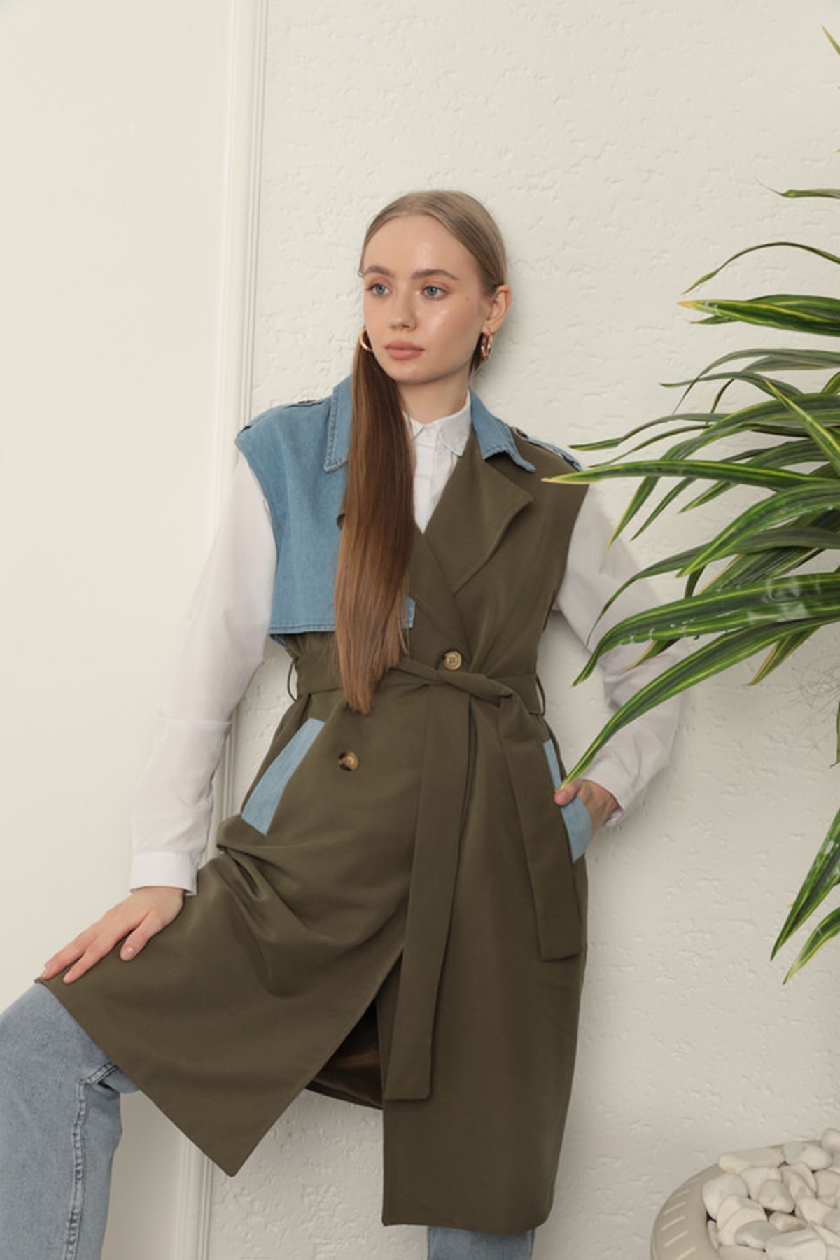 Leyaa-Women's Garnished Vest-Khaki Torino Fabric 2