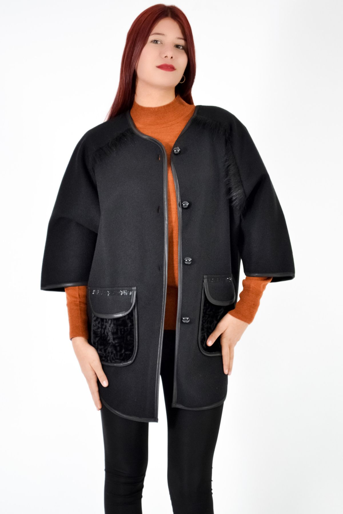 Angora-معطف كتف مهدب بجيوب - أسود 3