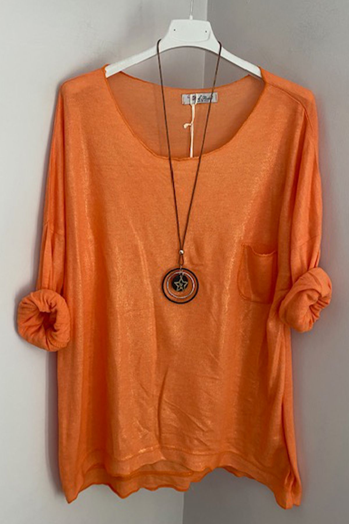 AYASOFYA OTANTIK-Women's Italian Orange Pendant Collar Pocket Front Side Shiny Glitter Finish Detailed Loose Long Sleeve Blouse 1