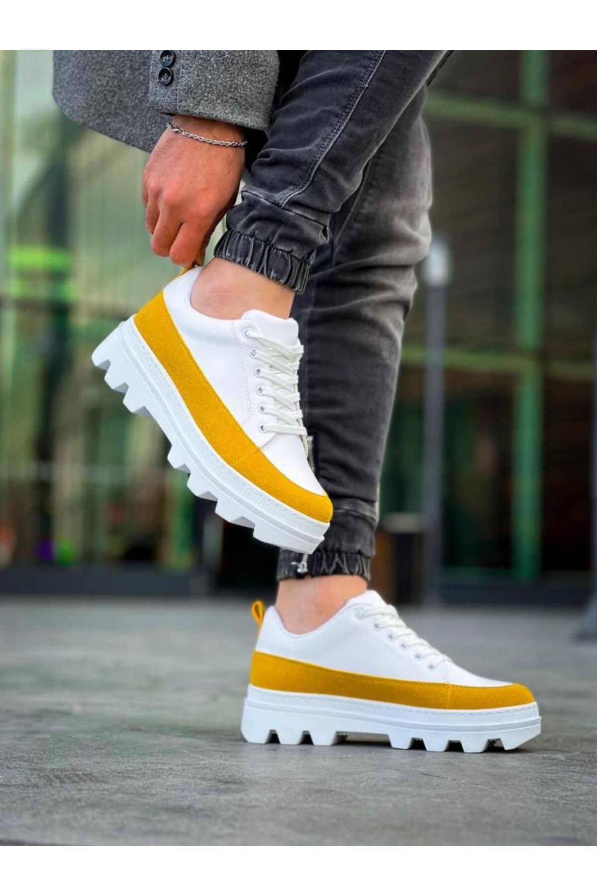 BPM-Kb-056 White Yellow Detailed White High Sole Casual Sneakers 2