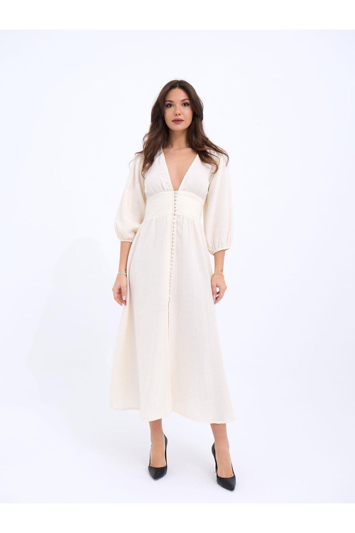 ASFSTORE 7096 ELBİSE-KREM