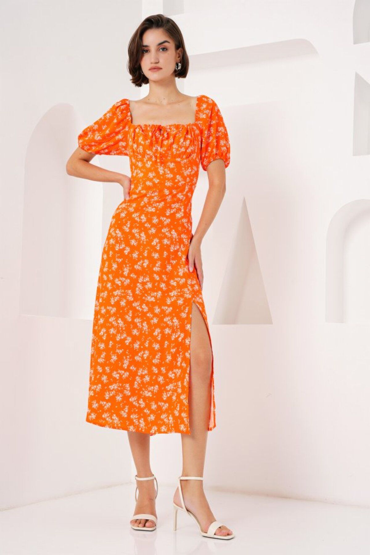 ASFSTORE 2387 Yırtmaç Detaylı Elbise - Turuncu