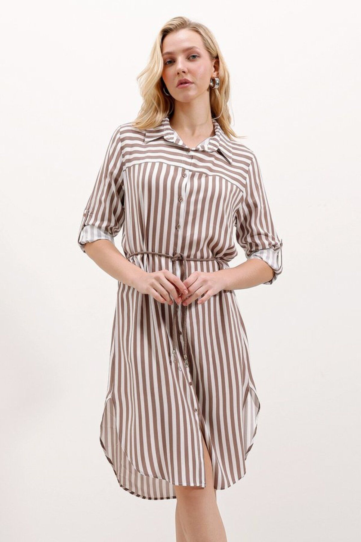 Tex Nova 5629 Çizgili Kemerli Elbise - Vizon