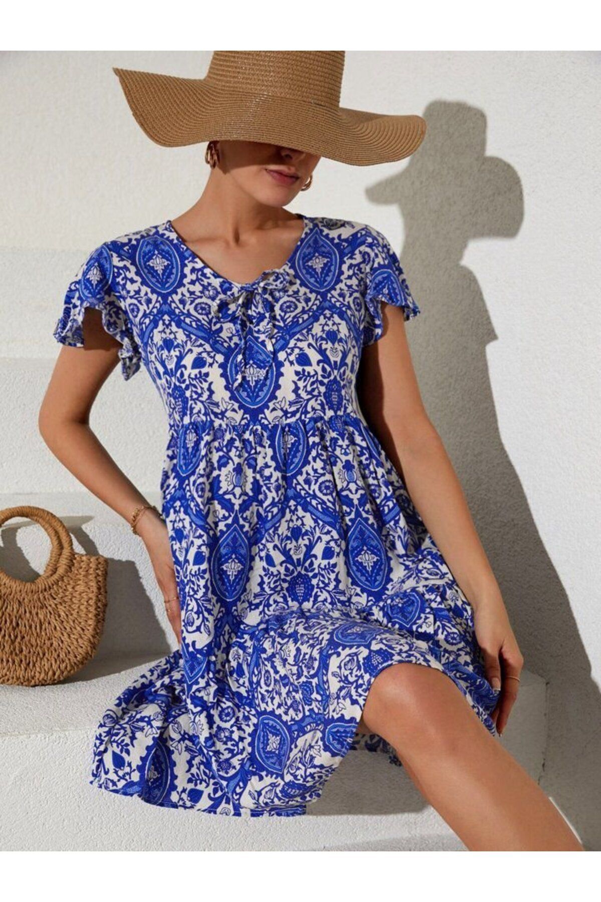 moda wanilia 2352 V Yaka Kısa Elbise - Mavi
