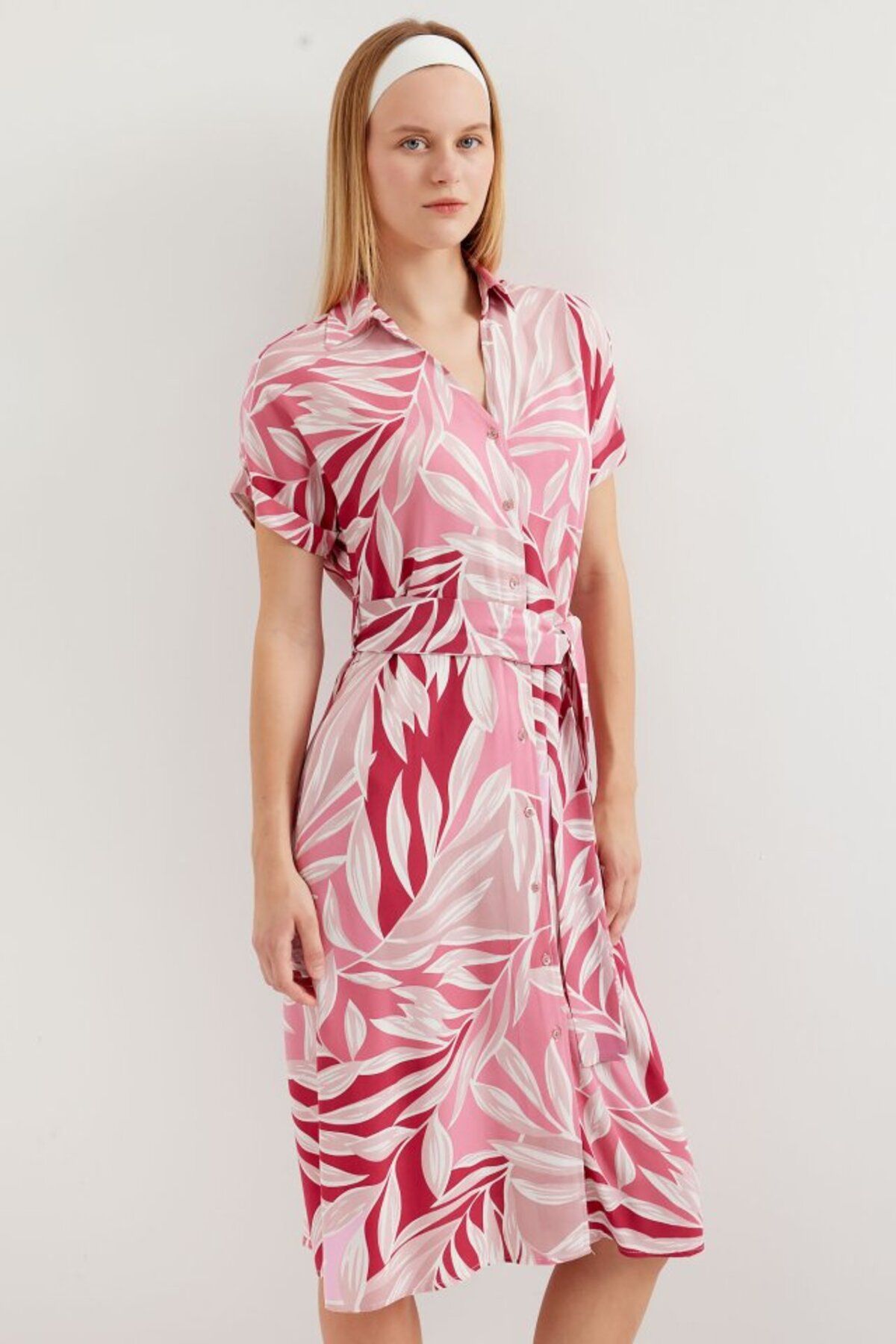 moda wanilia 2497 Gömlek Yaka Kısa Kol Elbise - Pembe