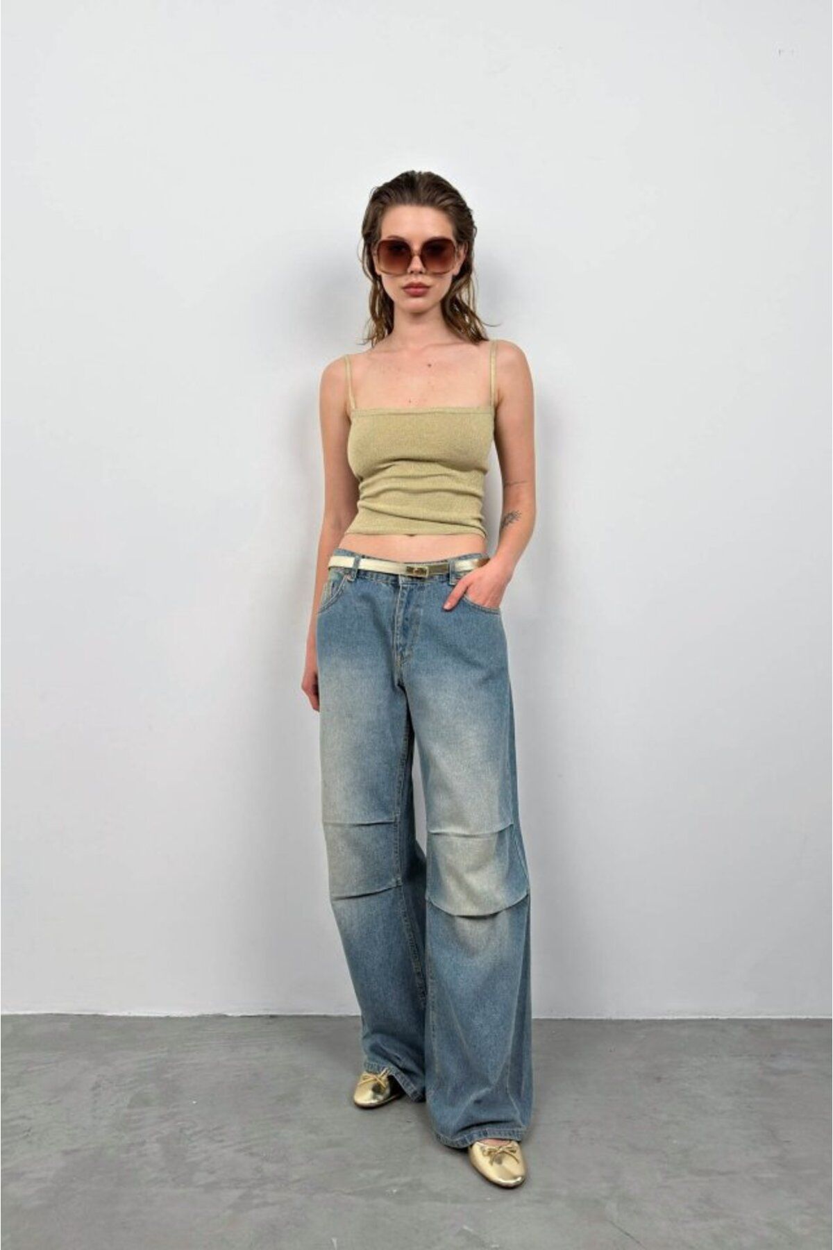 Gökyüzü Moda Askı Detay Parlak Triko Bluz