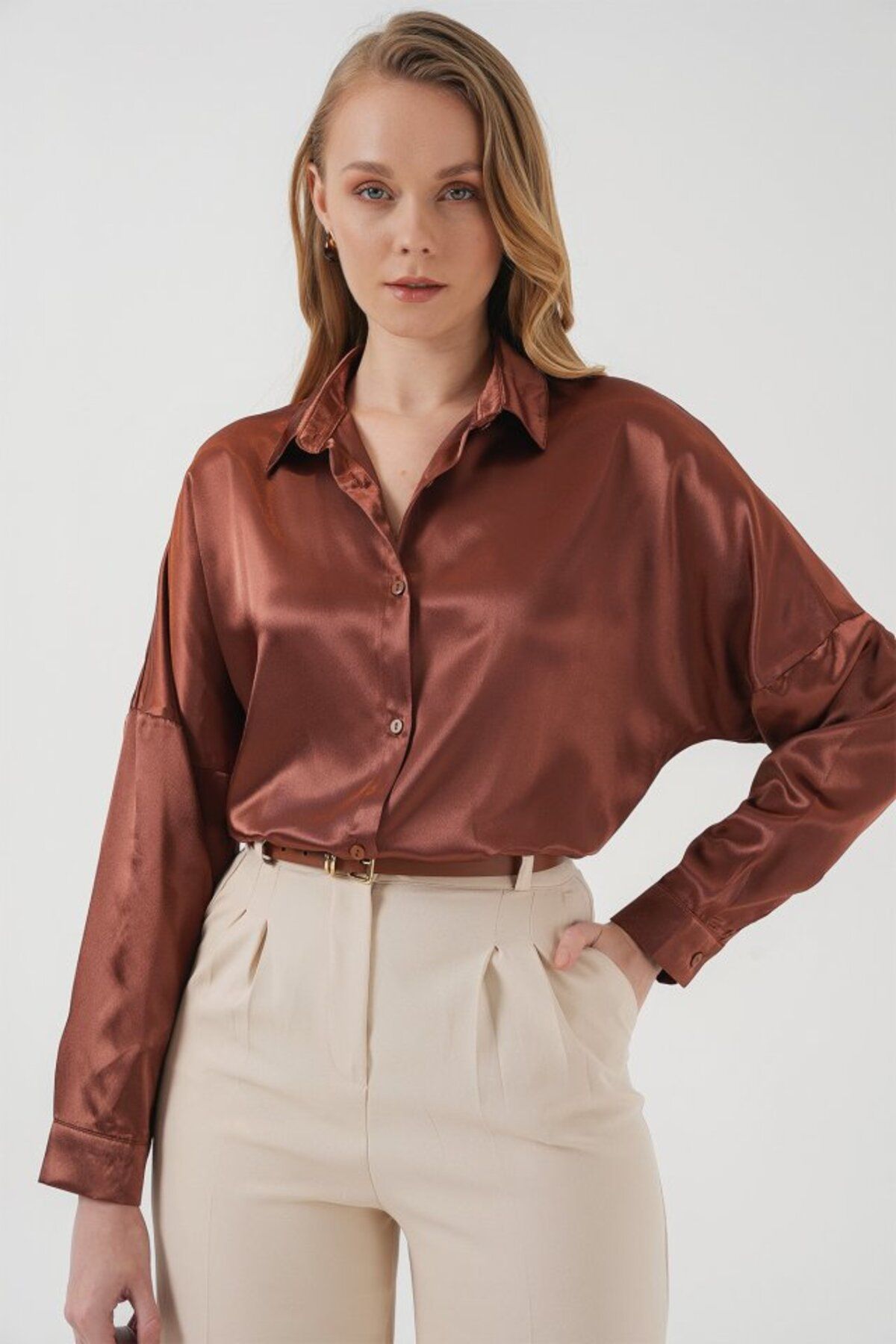 novafems 3985 Oversize Saten Gömlek - Taba