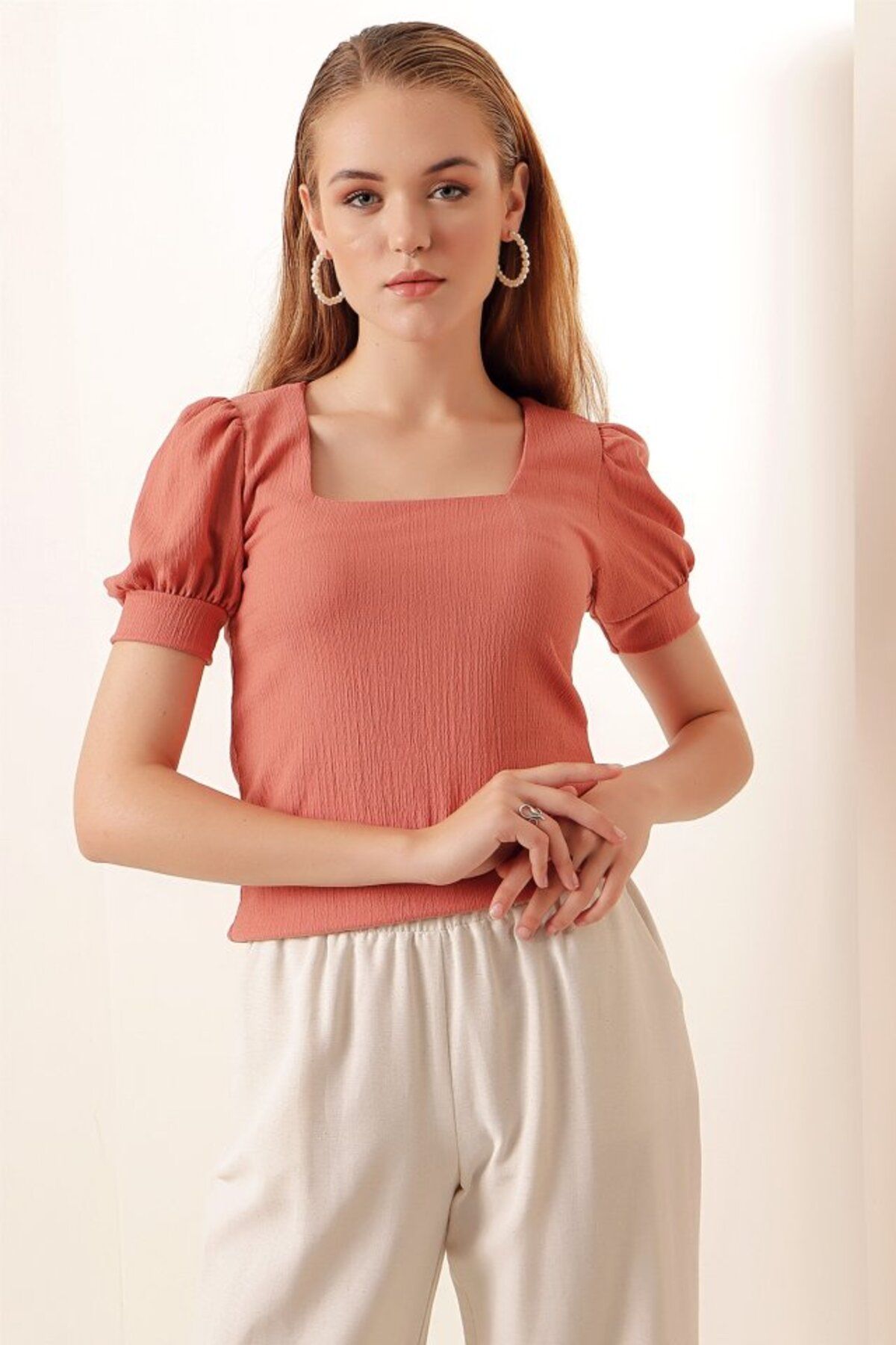 Meleners 0409 Kare Yaka Örme Bluz - Gül Kurusu