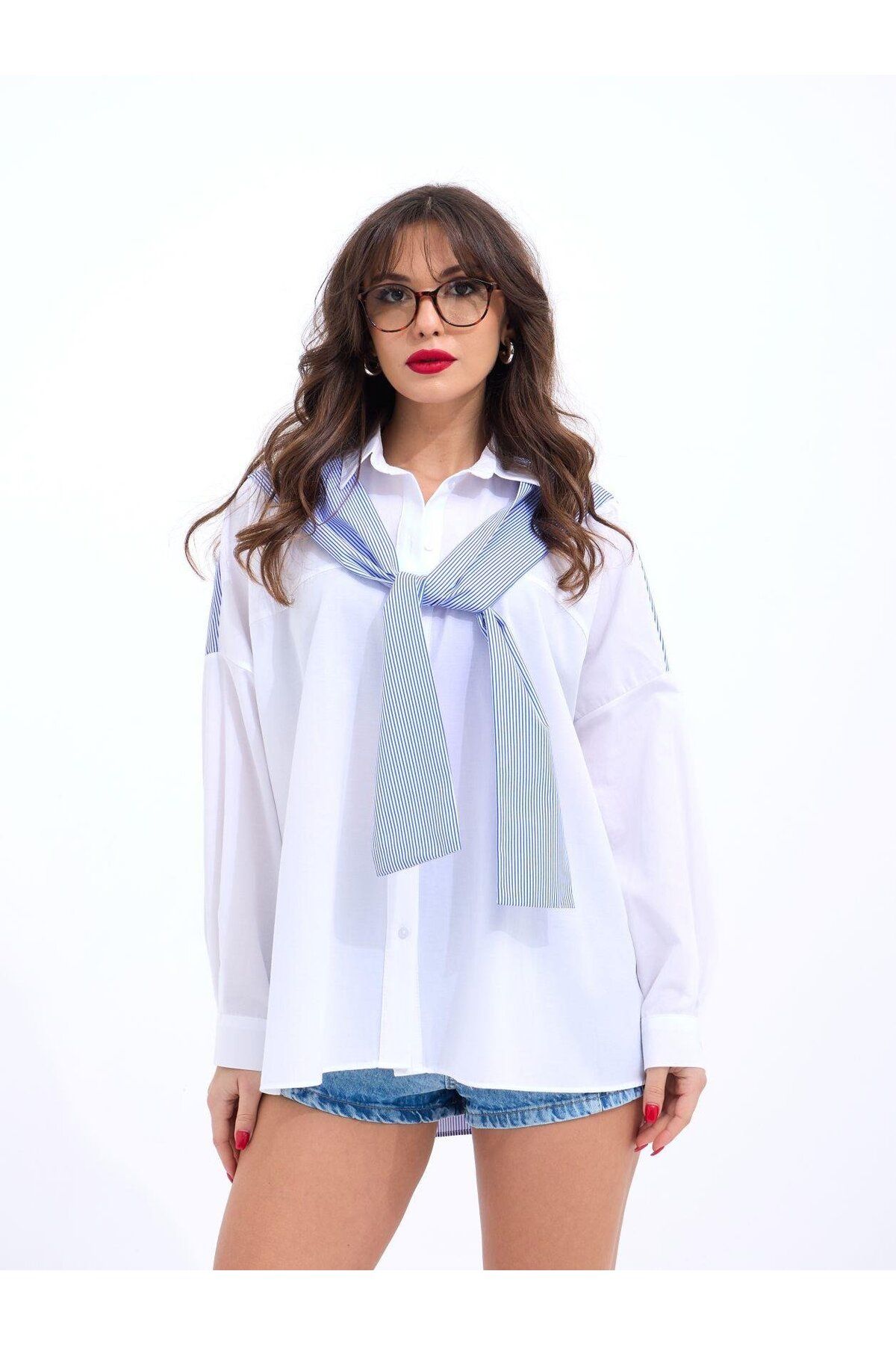 ASFSTORE 6749 GÖMLEK-MAVİ BEYAZ ÇİZGİLİ