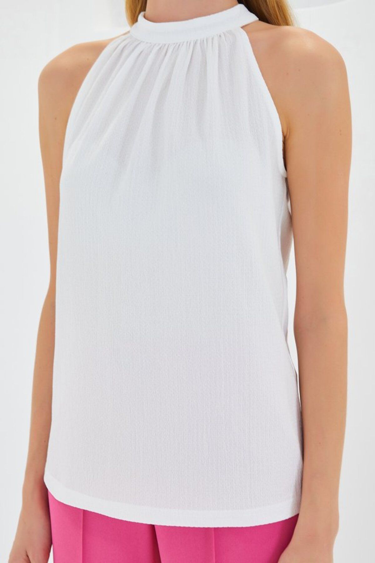 Albayrak 0489 Halter Yaka Örme Bluz - Beyaz