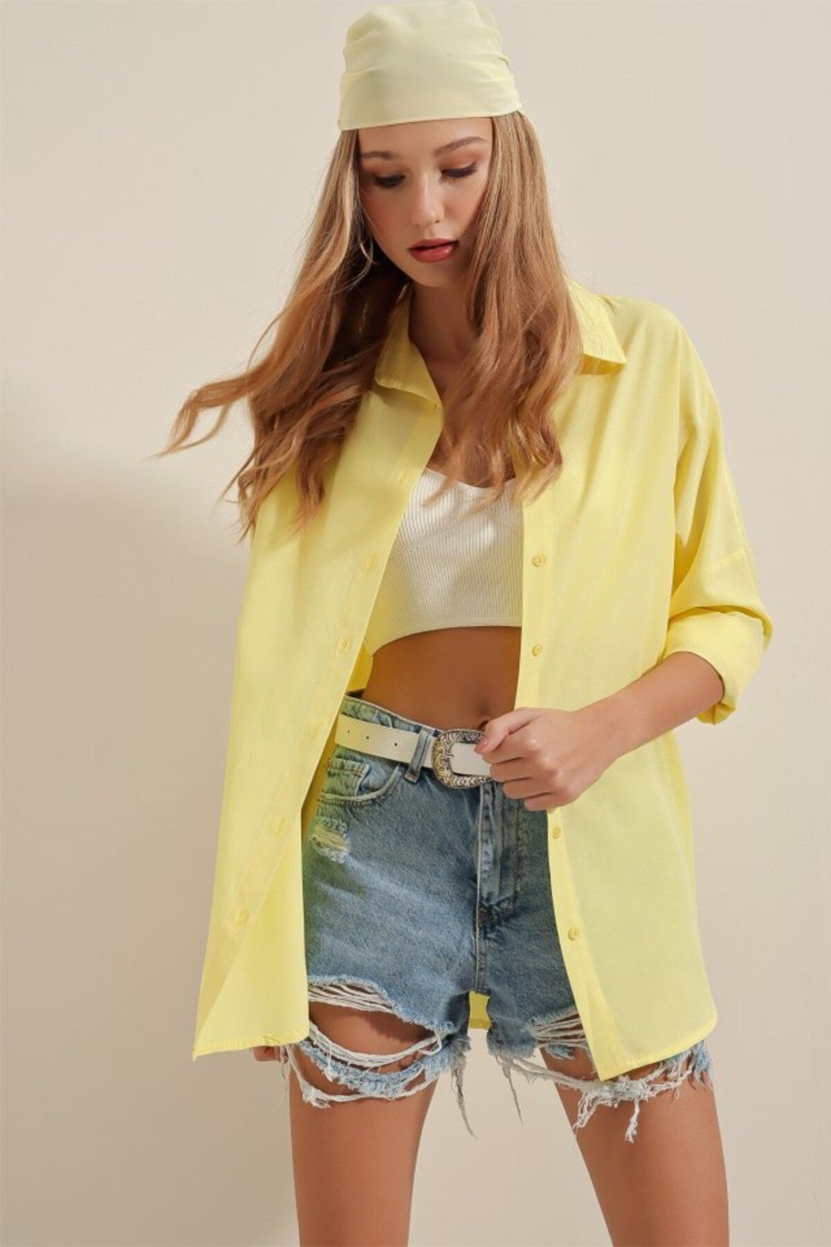 1001moda-3900 Oversize Long Basic Shirt - Yellow 4