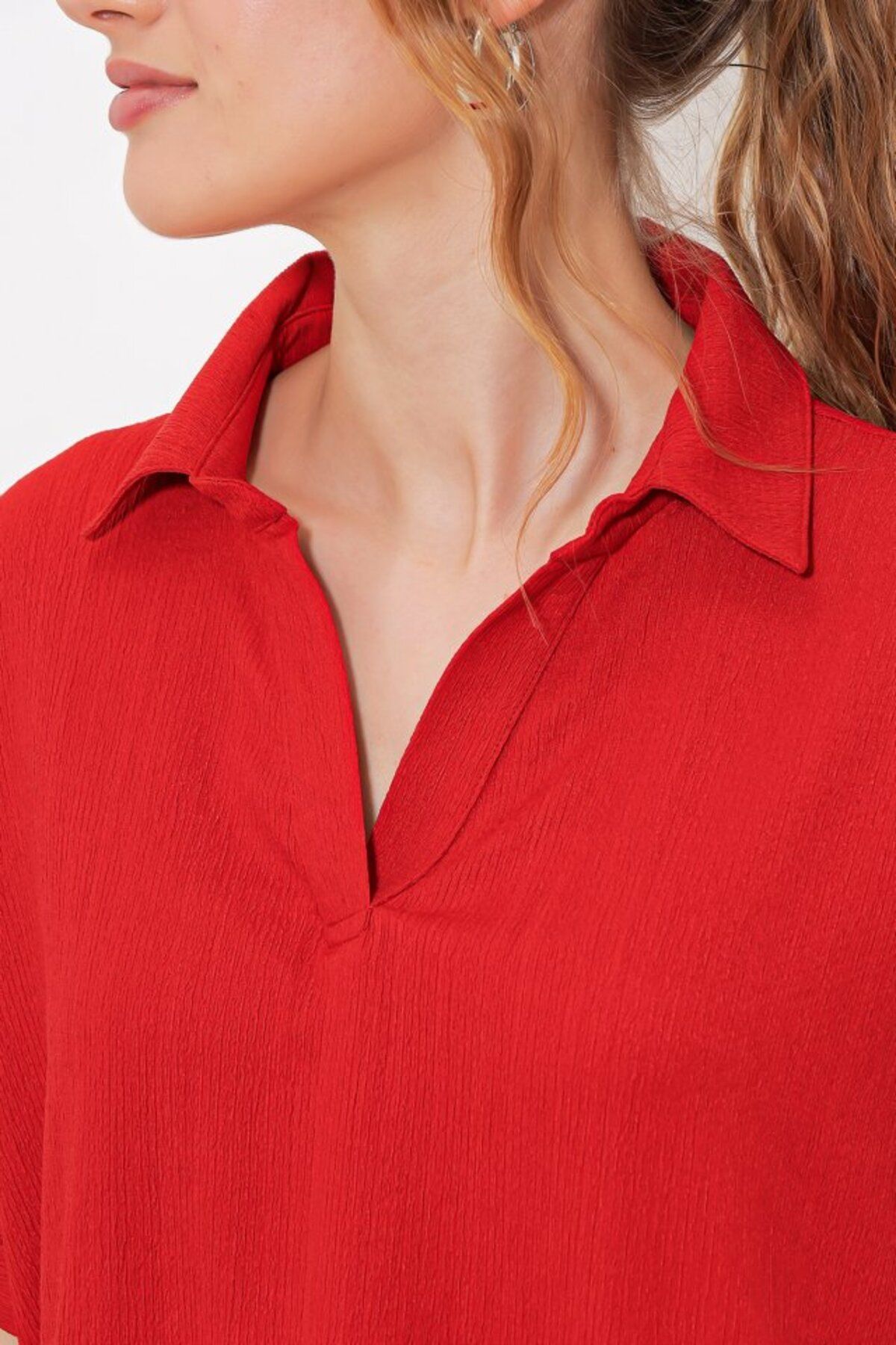 1001moda-Red Oversize Polo Neck Knitted Blouse 0486 4