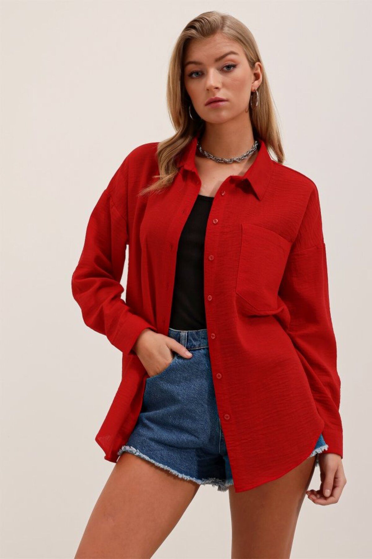 ASFSTORE 20153 Tek Cepli Oversize Gömlek - Kırmızı