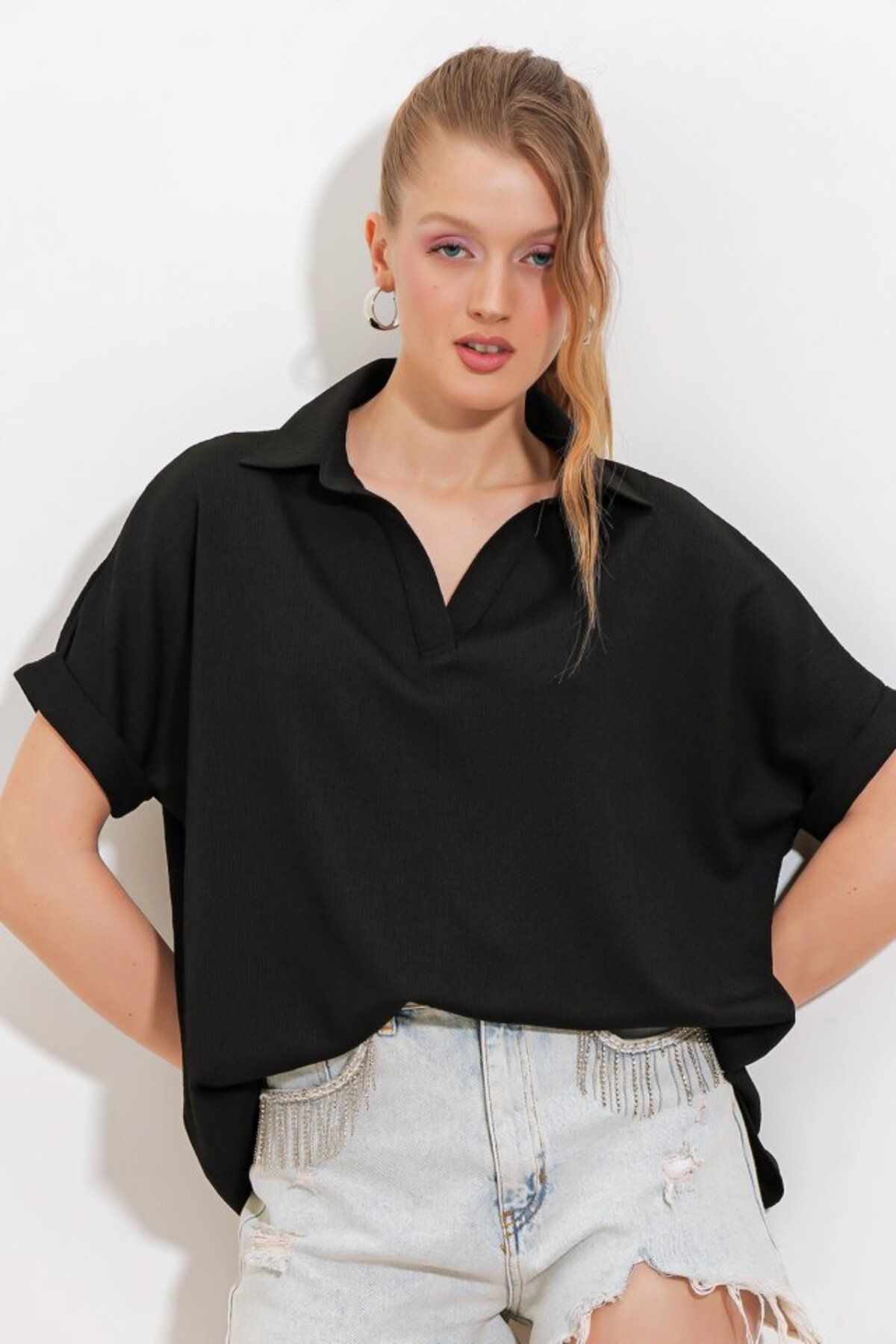 Albayrak Siyah Oversize Polo Yaka Örme Bluz 0486