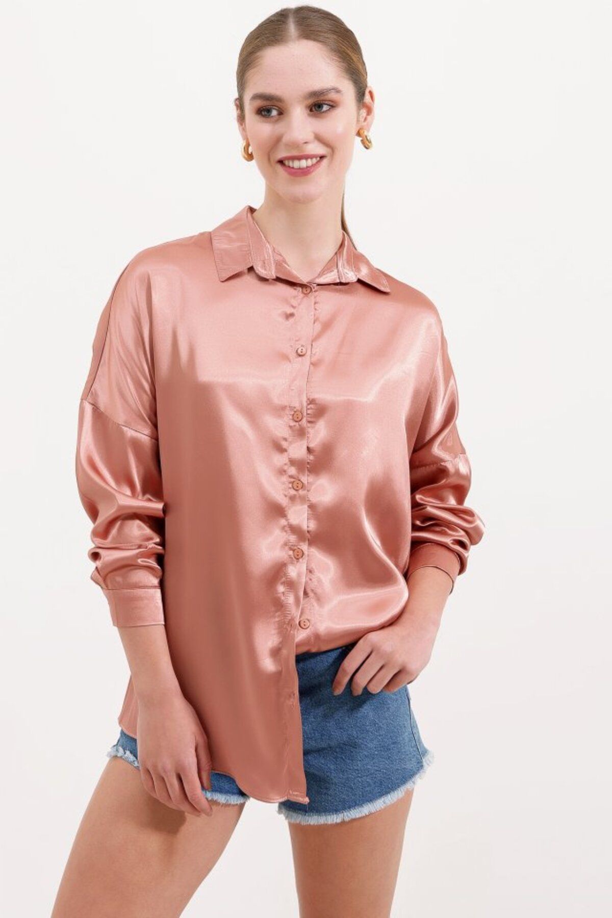 novafems 3985 Oversize Saten Gömlek - Camel
