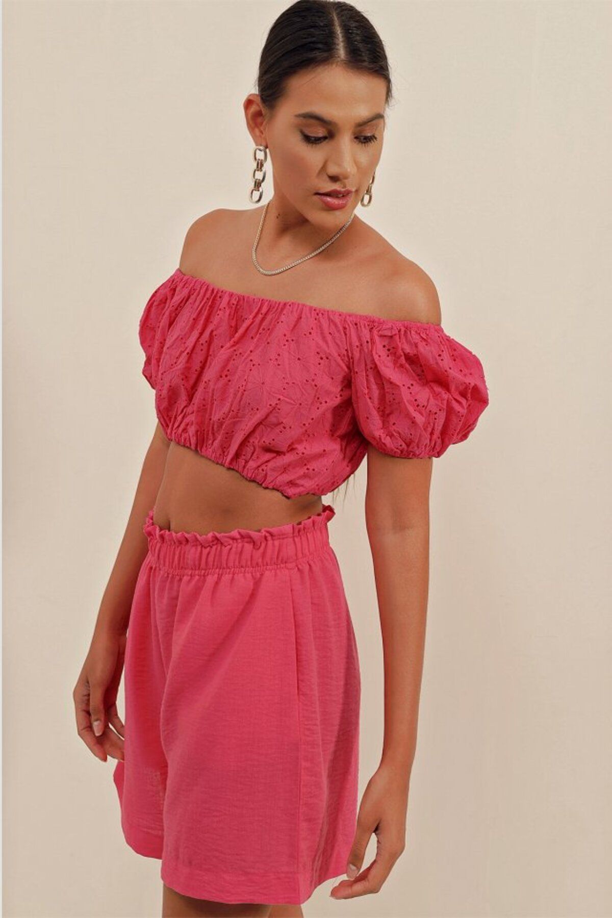 Albayrak 0481 Fistolu Straplez Bluz - Fuşya