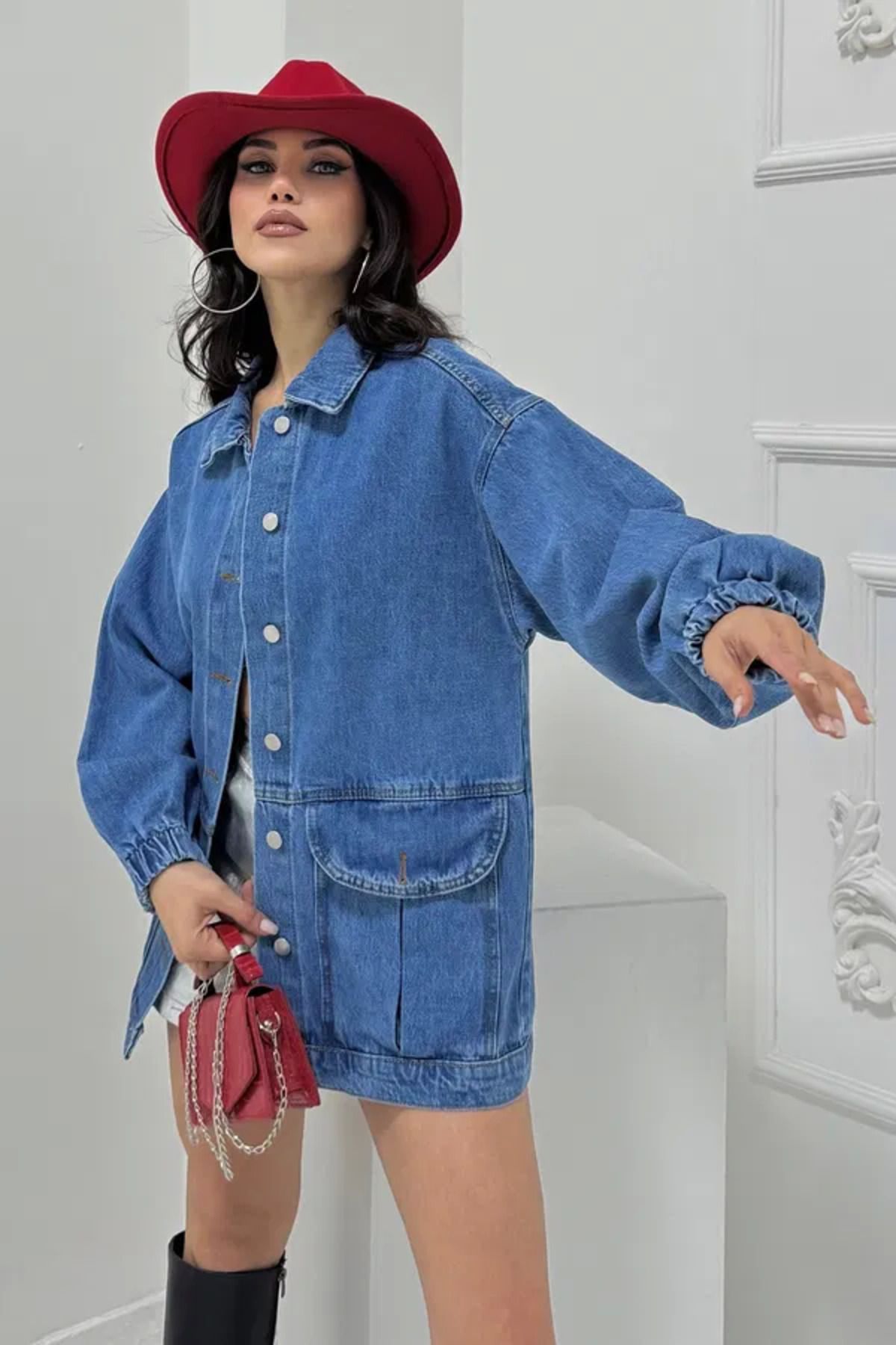 HZNSTYLES Düz Orta Kadın Mavi Cepli Kot Ceket
