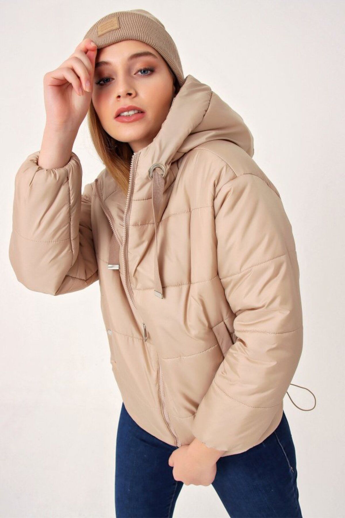 1001moda-Hooded Puffer Jacket - Mink Model 5117 3