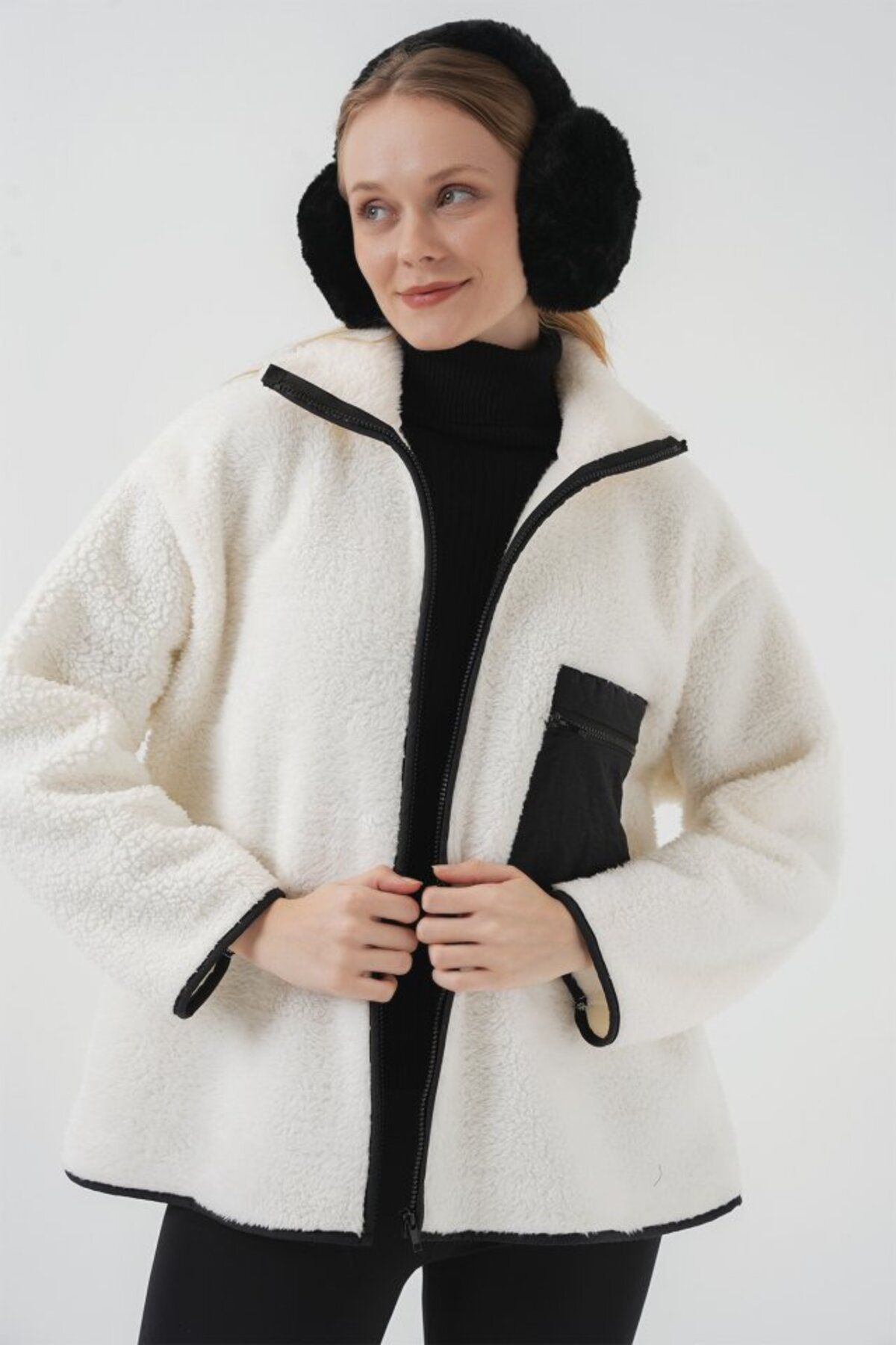 novafems 55446 Fermuarlı Oversize Peluş Ceket Mont - D. Siyah