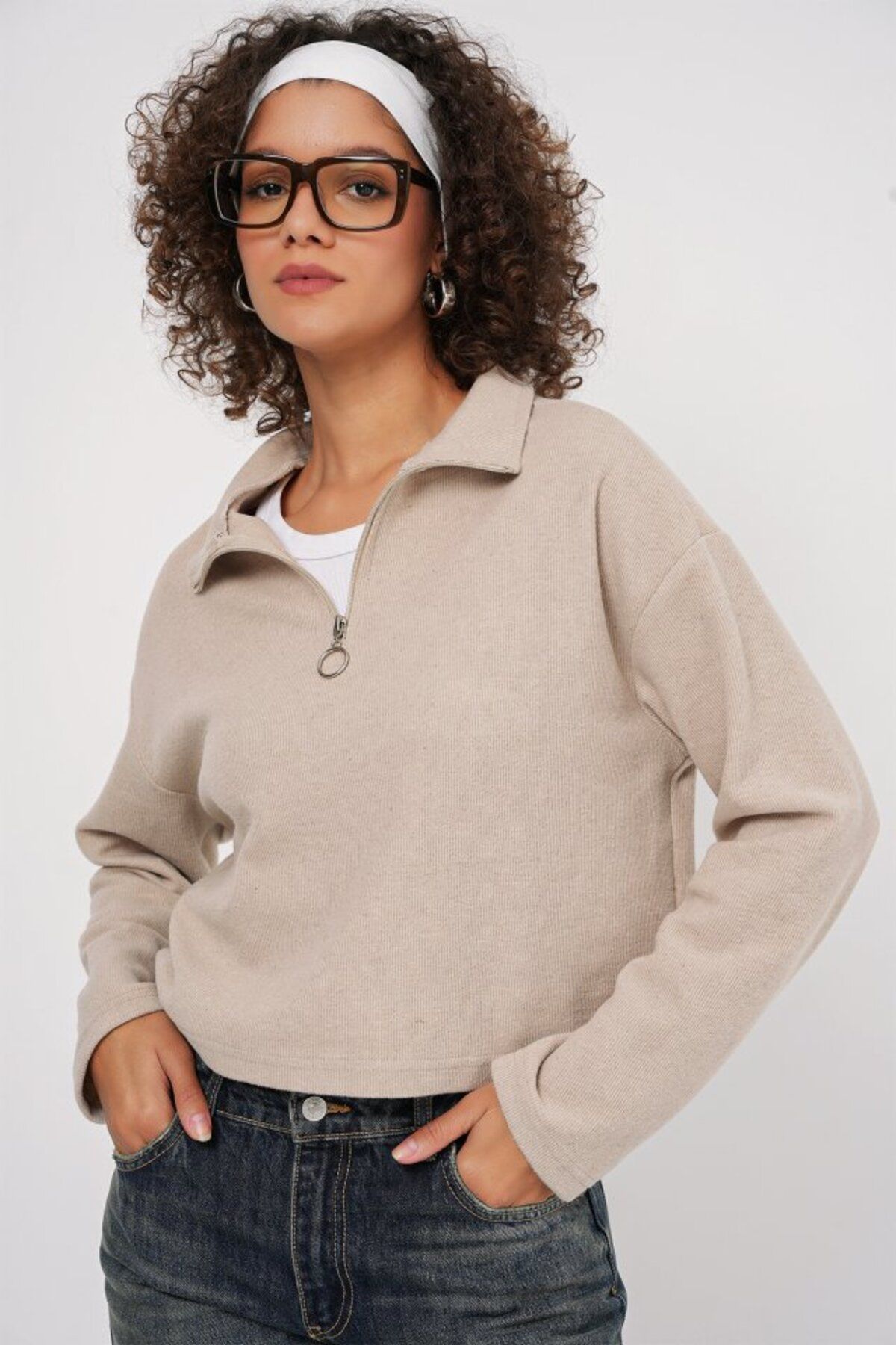 novafems 55449 Fermuarlı Yaka Örme Sweatshirt - Krem