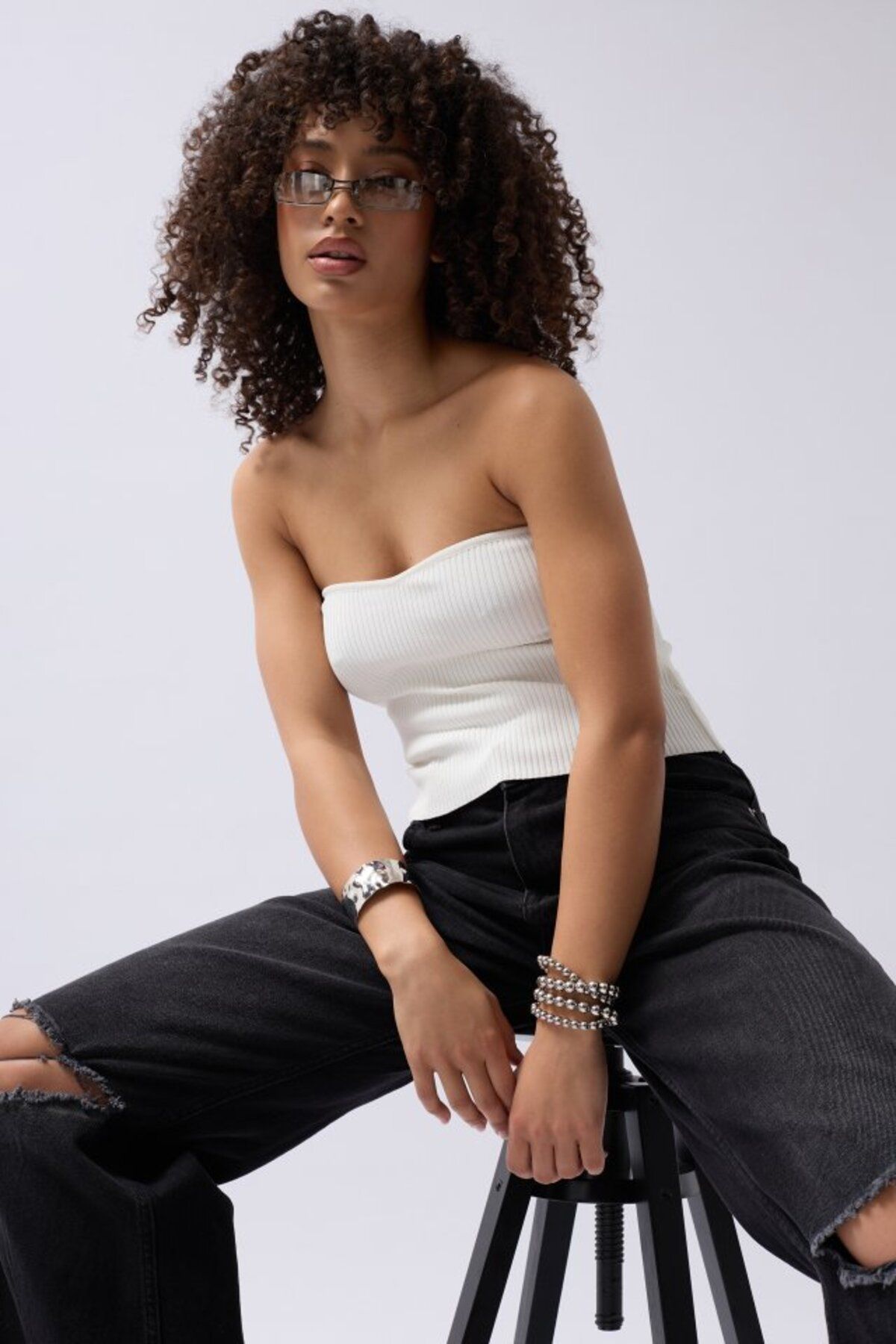 Deridün Yıldız Shoes Straplez Dokulu Crop