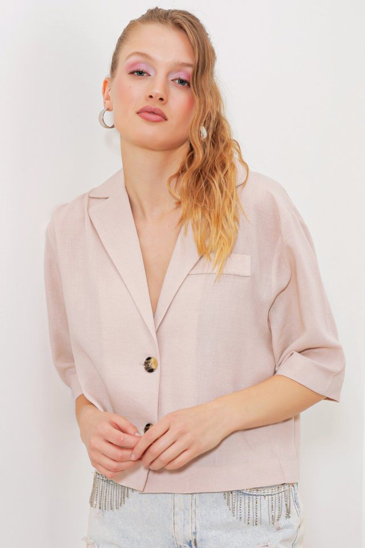 Albayrak Krem Çift Düğmeli Oversize Crop Keten Ceket 0706
