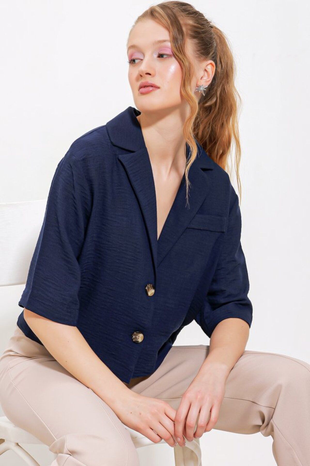 novafems Lacivert Çift Düğmeli Oversize Crop Keten Ceket 0706