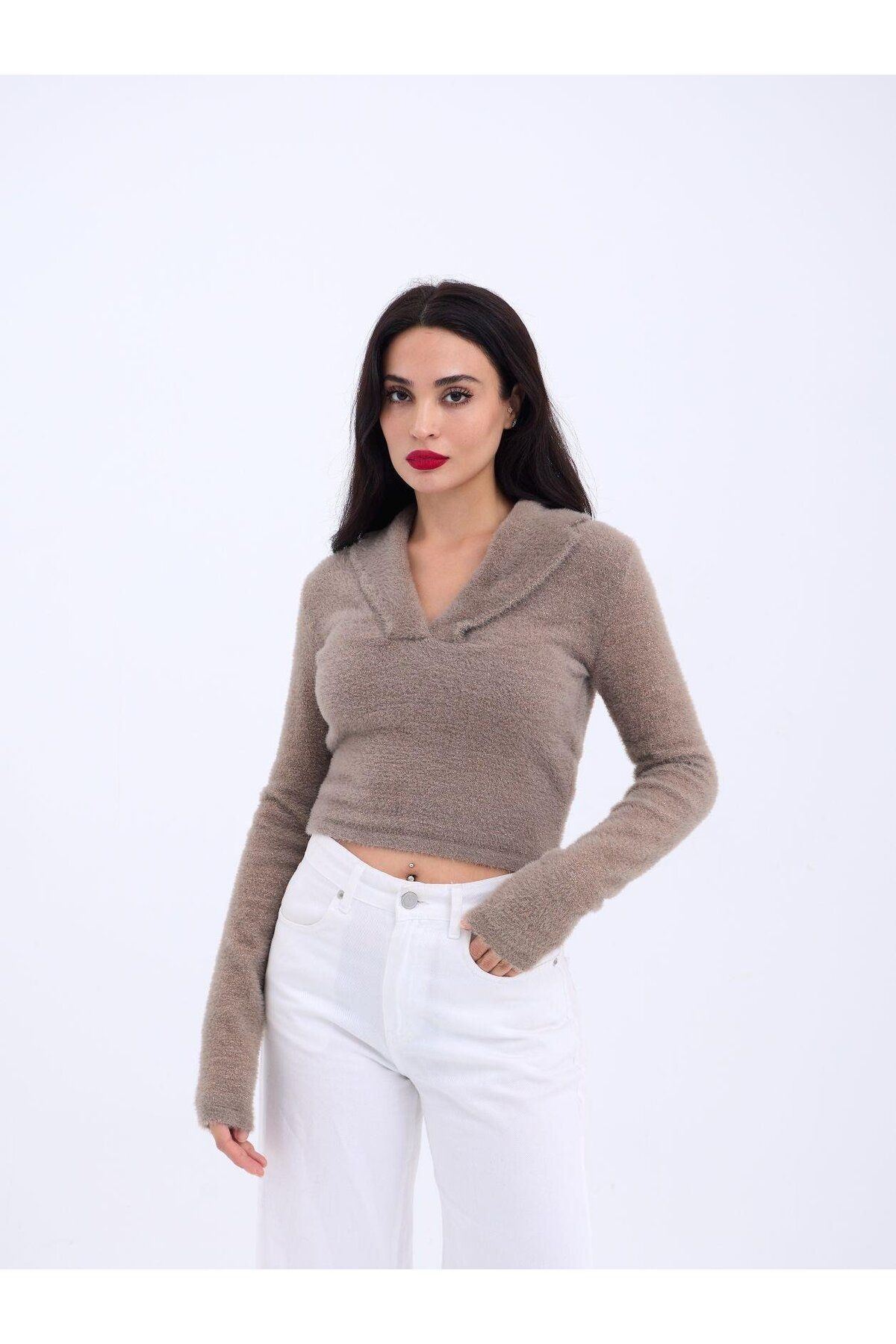 Albayrak 42531 TRİKO SİMLİ YAKALI CROP-KAHVE