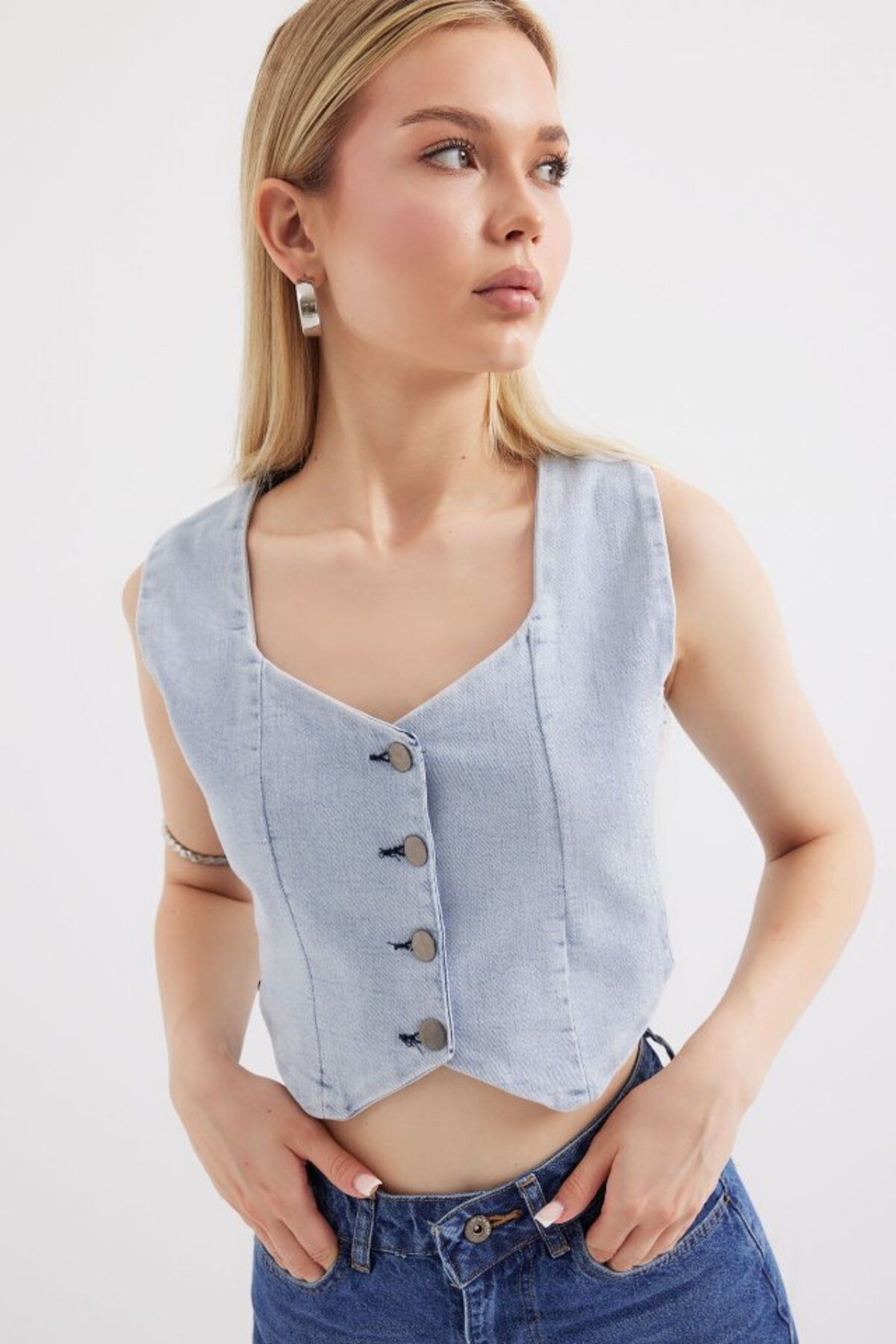 GE TİCARET Crop Kot Yelek - Mavi