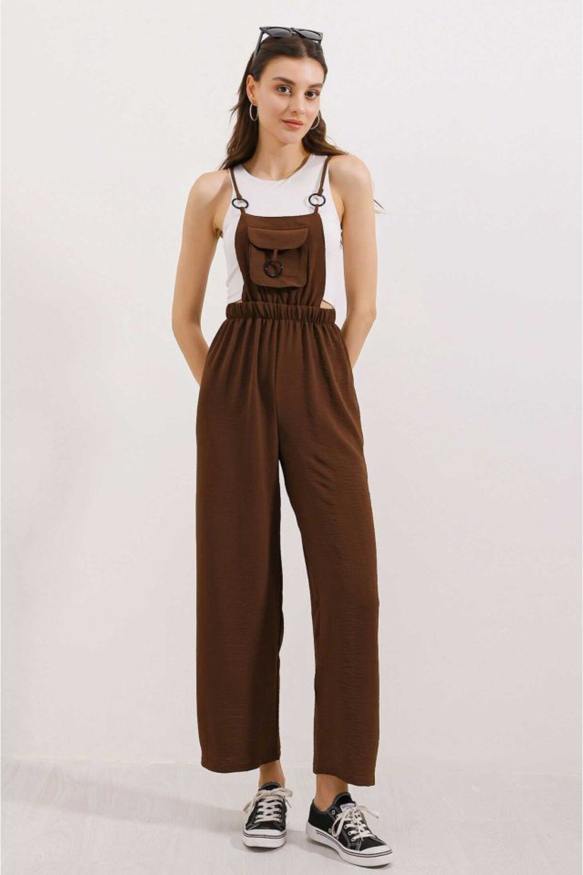 1001moda-7023 Strappy Gardener Jumpsuit - Brown 1