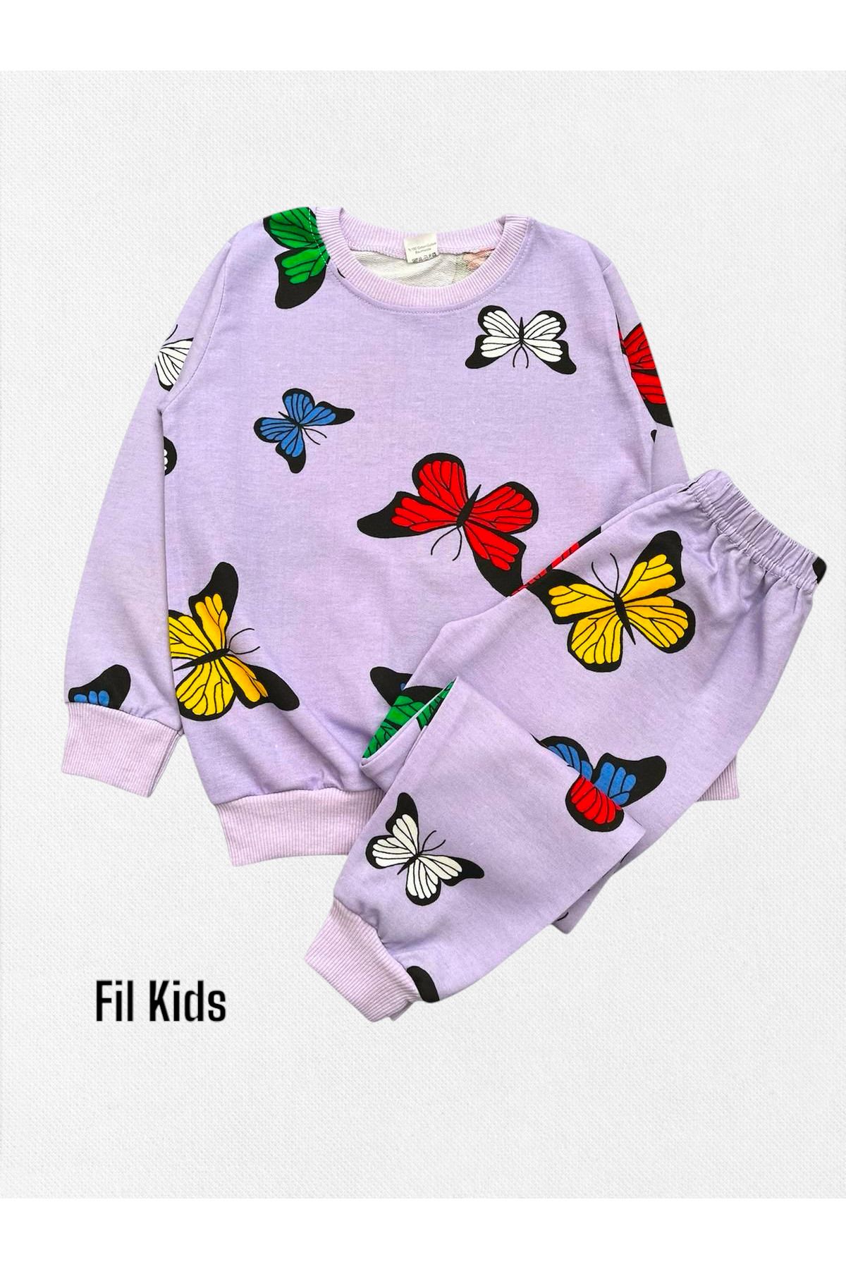 Fil Kids-Girl's 100% Cotton Purple Color Butterfly Patterned Long Sleeve Seasonal Pajama Set 1