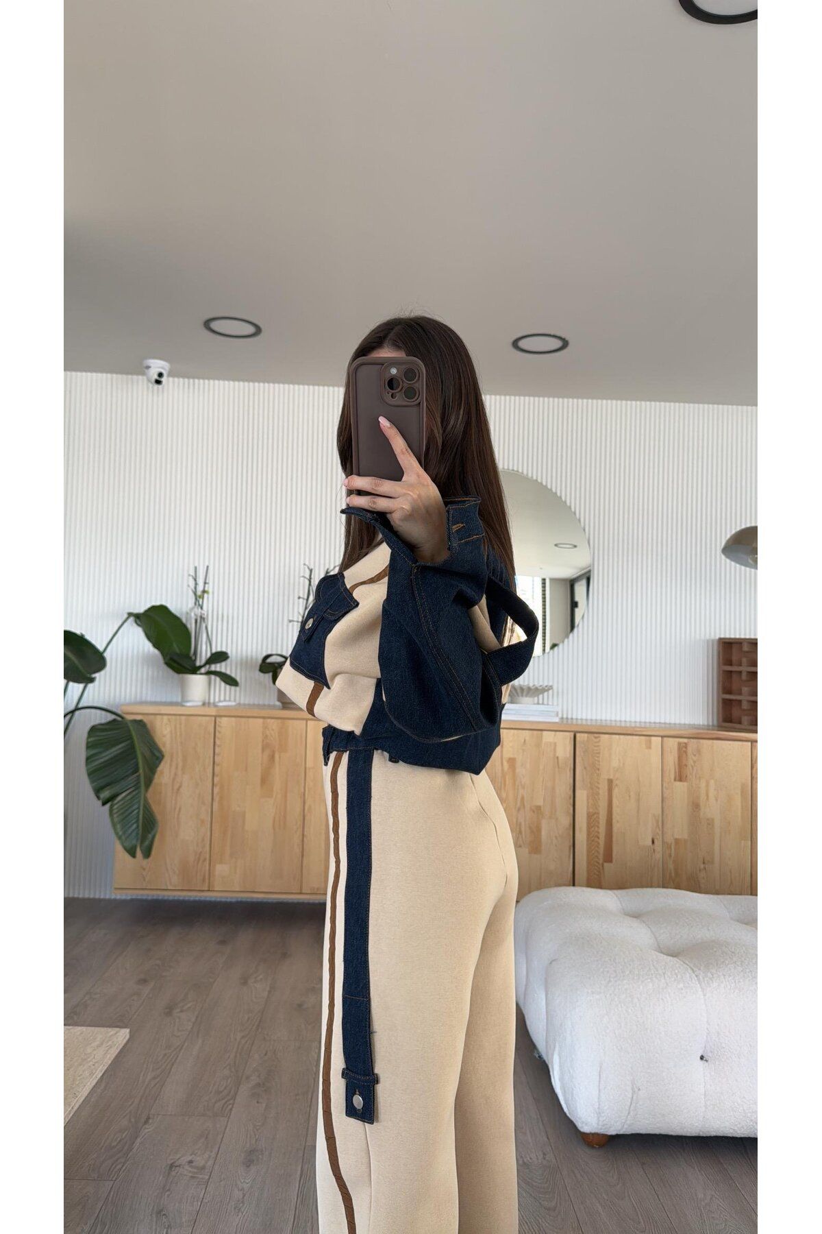 FMN Collection-Design Striped Denim Blended Bomber Jacket High Waist Pants Equivalent Pinterest Casual Two-Piece Suit 3