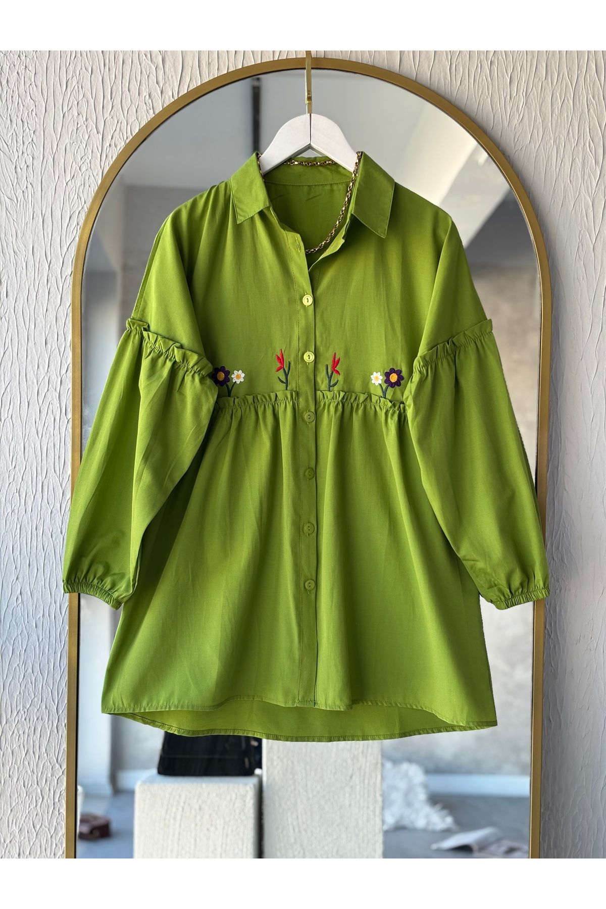 Butik-Yışi Poplin Shirt, Oil Green Embroidered 1