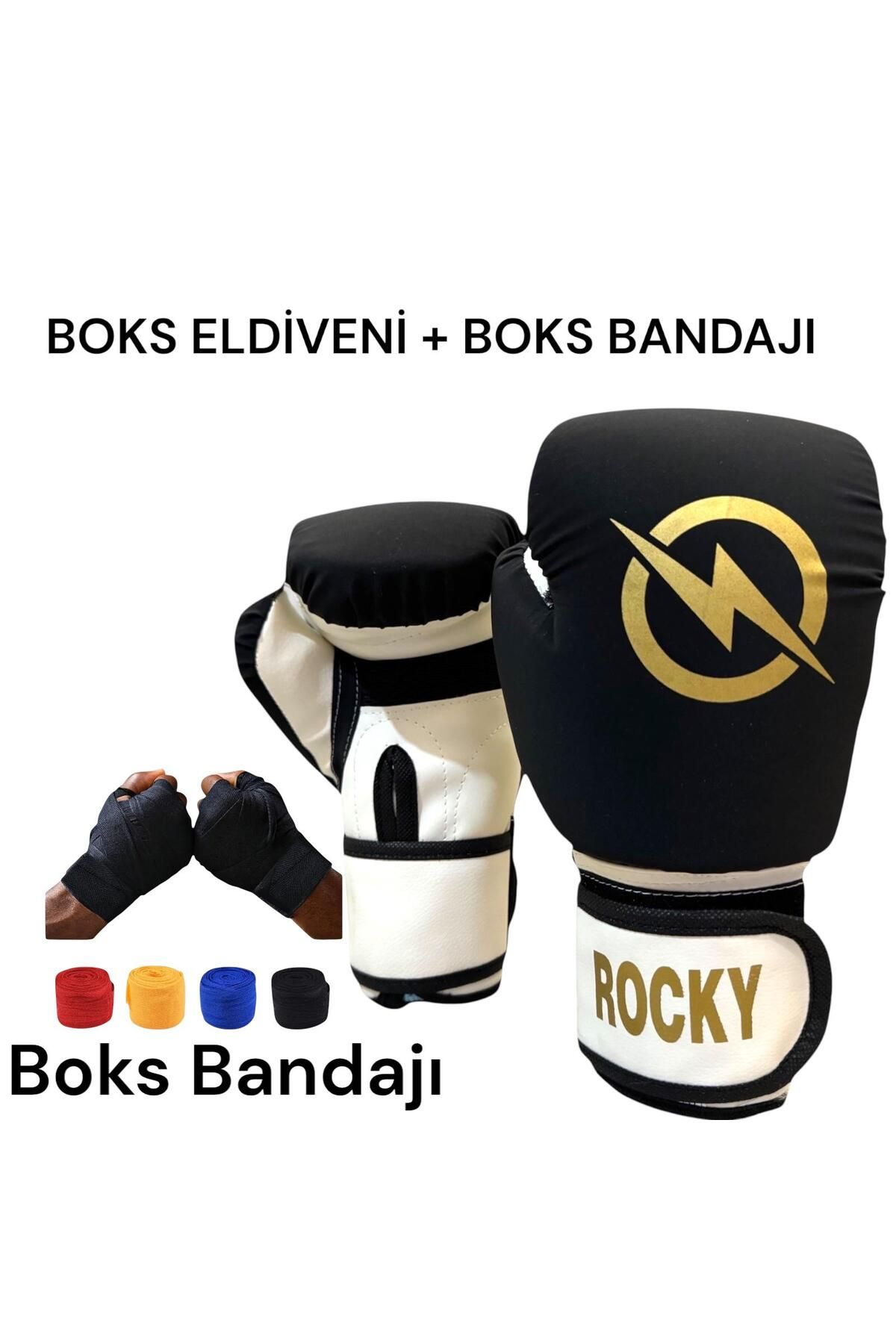 Gök Sports ROCKY Boks Eldiveni Kickboks Eldiveni 4-6-8 0z ve Siyah Bandaj Hediyeli