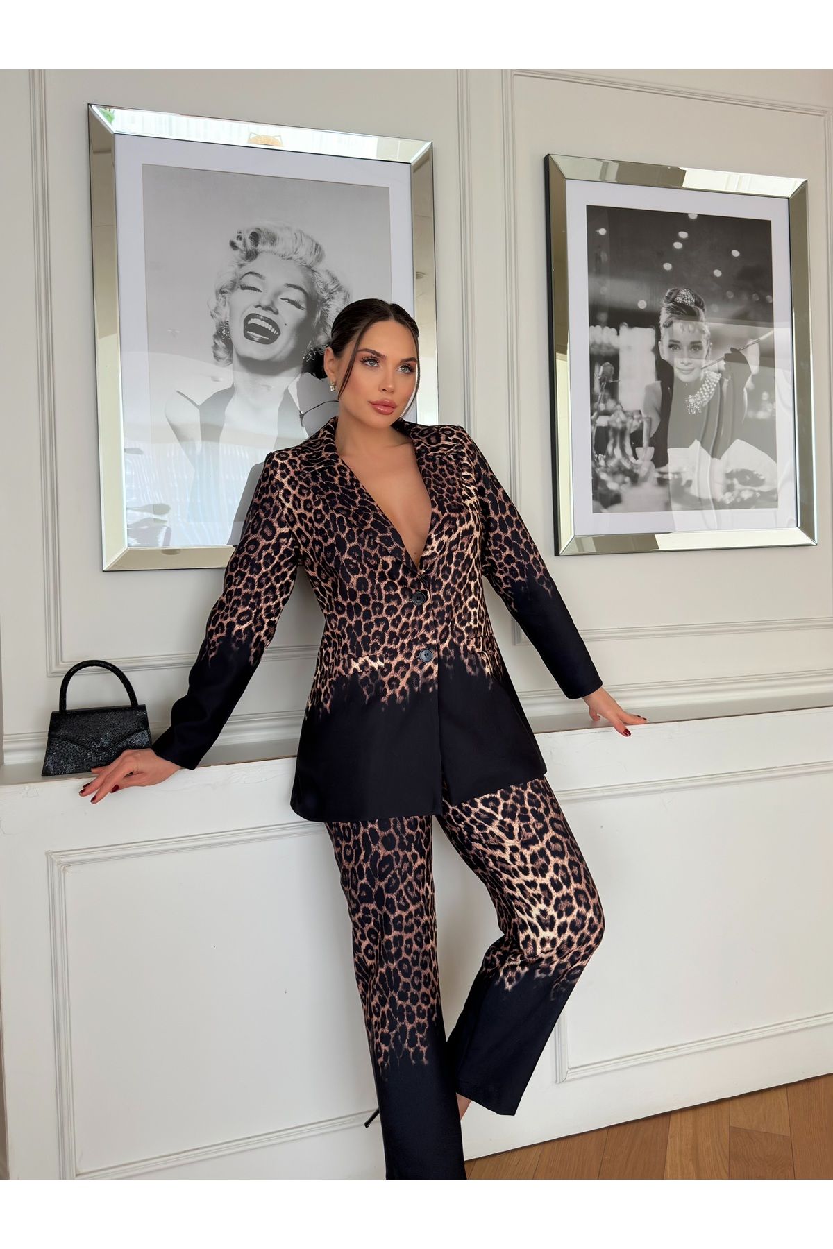 1Moda1Tarz-Women's Imported Fabric Leopard Pattern Button Detail Elastic Waist Lined Special Design Top-Bottom Set 1