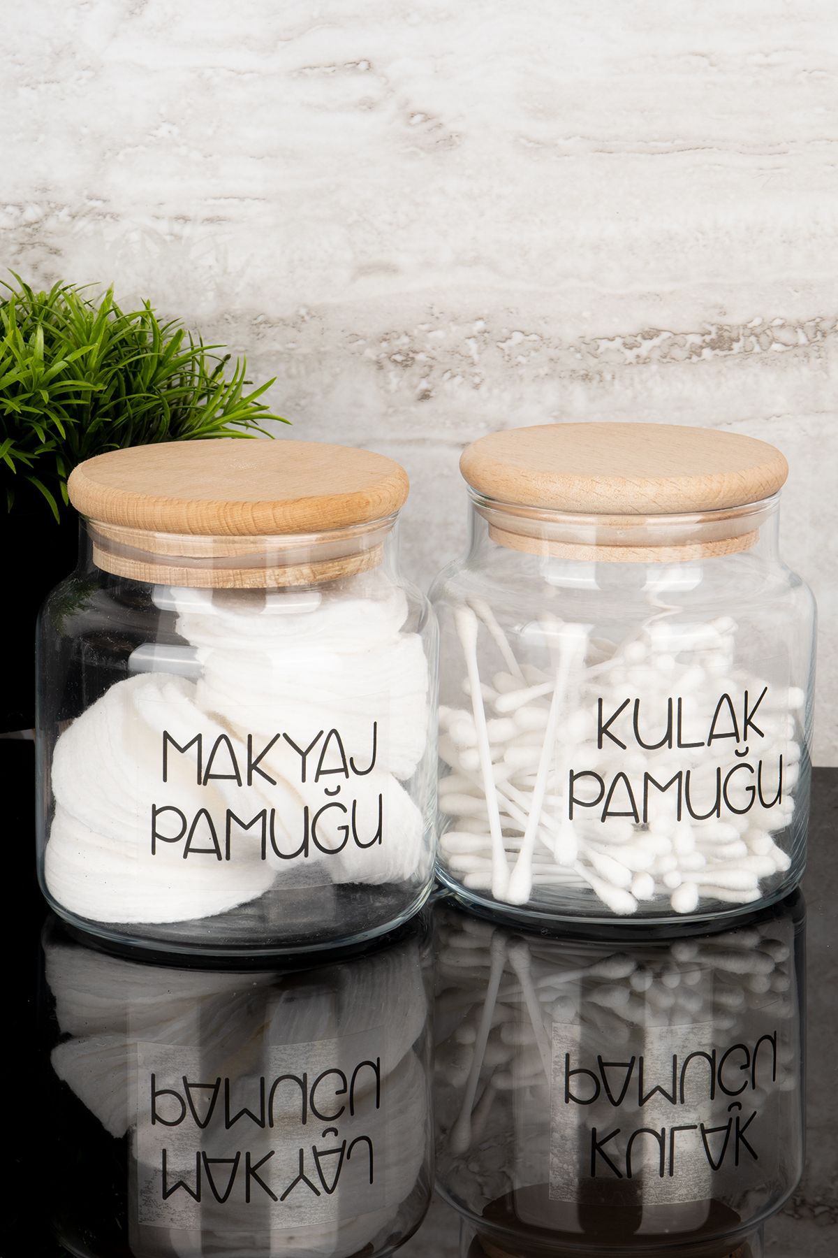 Dolkin Home Set De Bumbac Din Sticlă De 500 Ml 2 Buc Cu Capac Din Lemn - Bumbac Pentru Urechi Și Machiaj Cu Etichetă Transparentă - Mărime unică