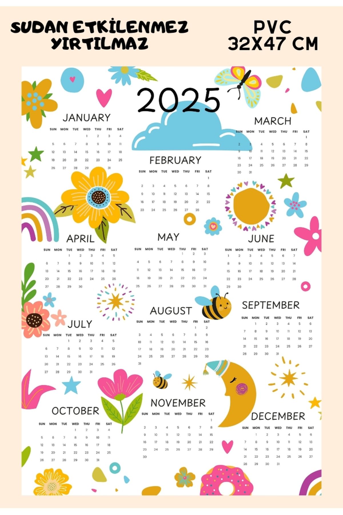 Sticksy 2025 Duvar Takvimi , Sudan Etkilenmez Yırtılmaz PVC 32x47 Takvim