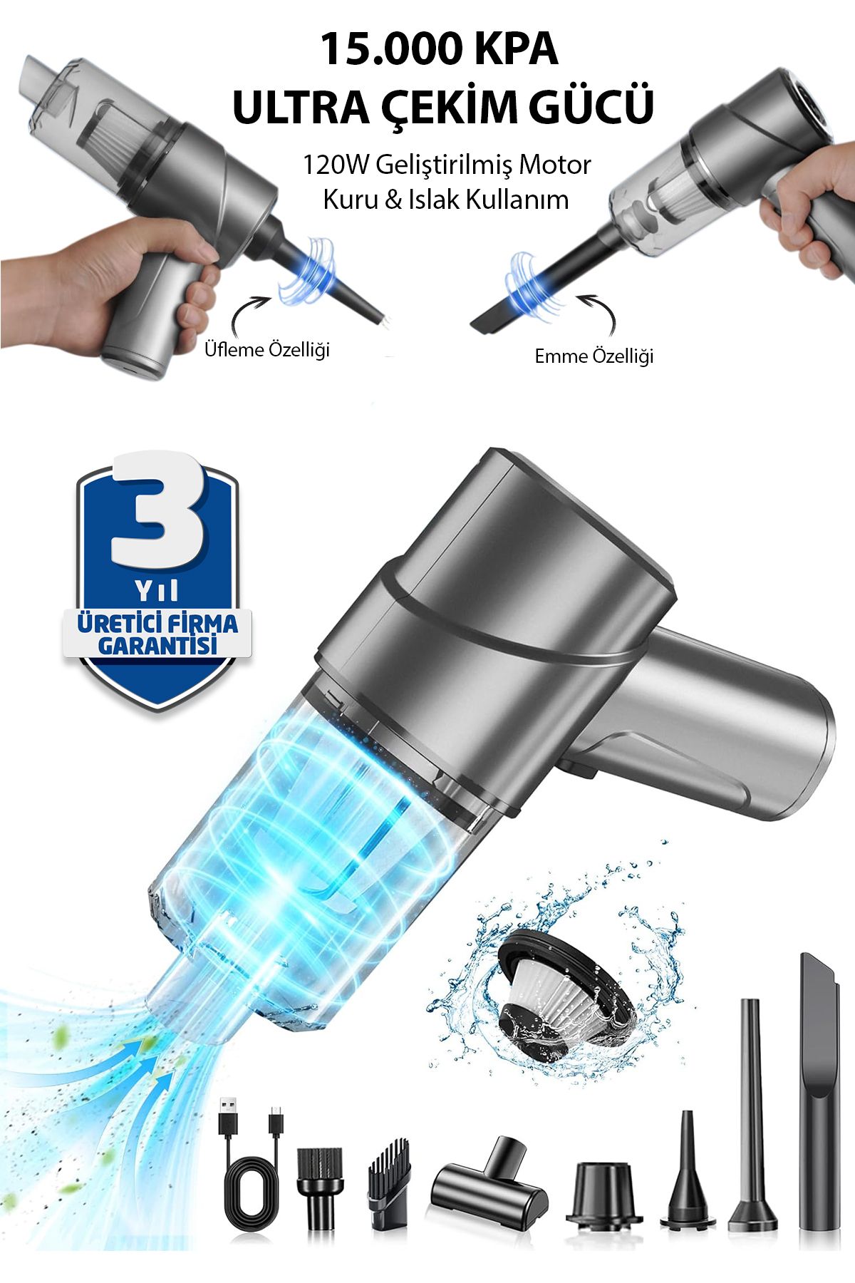 Ally W20 Ultra Güçlü Çekim 15000 Pa 120w Islak Kuru Araç-ev-kamp Için Şarjlı El Süpürgesi