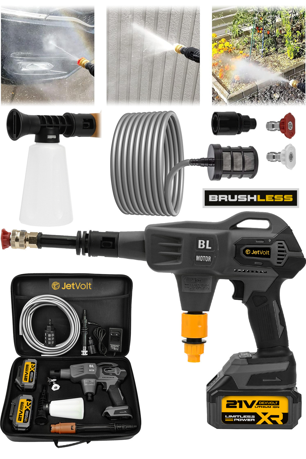 JetVolt 21v Kömürsüz Motor Yüksek Basınçlı Akülü Oto Araba Yıkama Makinesi Şarjlı - Siyah
