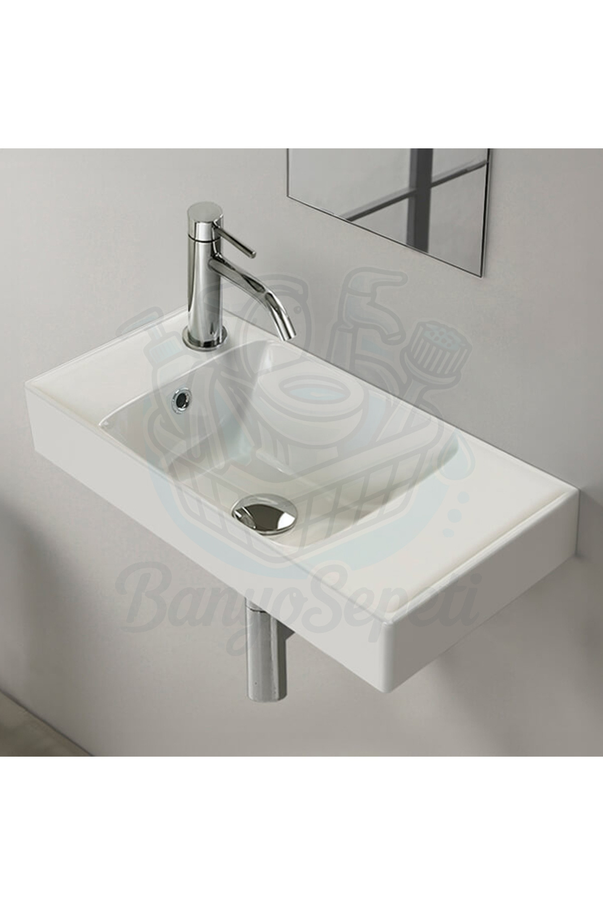 banyosepeti ModeraLeft Etajerli Duvara Monte & Mobilya Uyumlu Seramik Lavabo – 60x30 cm, Beyaz