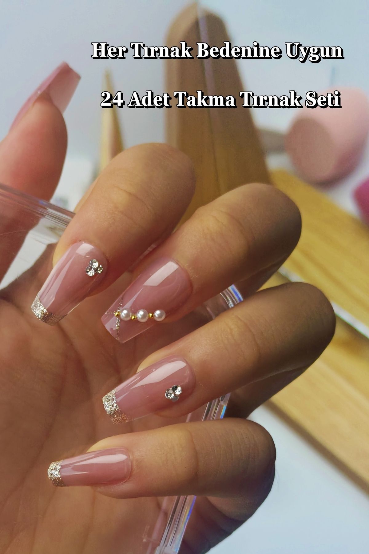 ست ناخن تقلبی 24 تکه بلانت، سنگ با طول متوسط، نوار چسب ظاهری پروتز، هدیه Dz519 Easy Beauty
