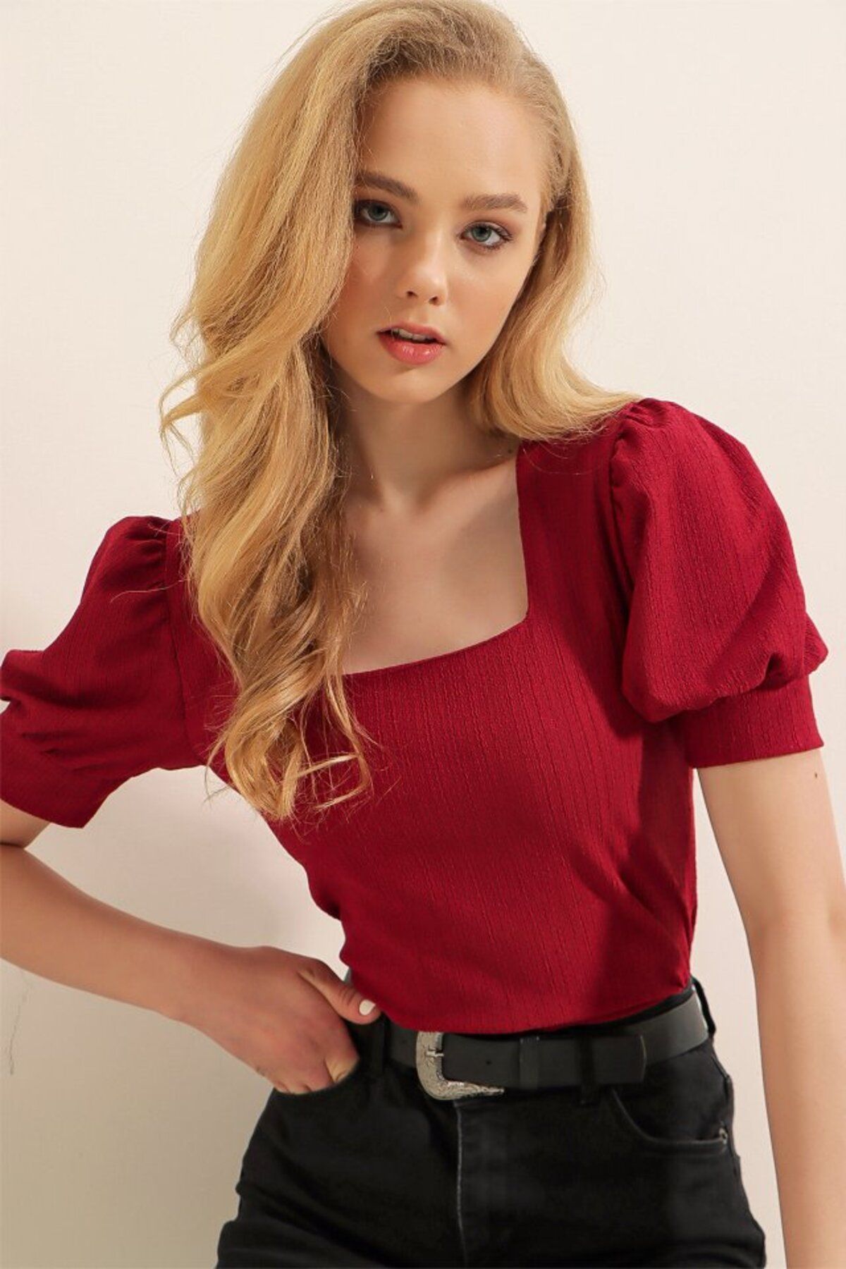 Moka Shopin-Mokashopin 0409 Square Neck Knitted Blouse - Claret Red 4