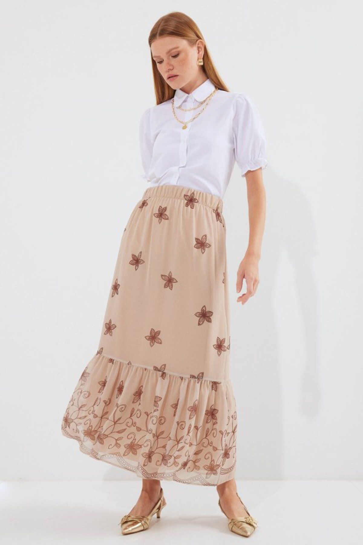 moda wanilia 8010 Desenli Şifon Etek - Vizon