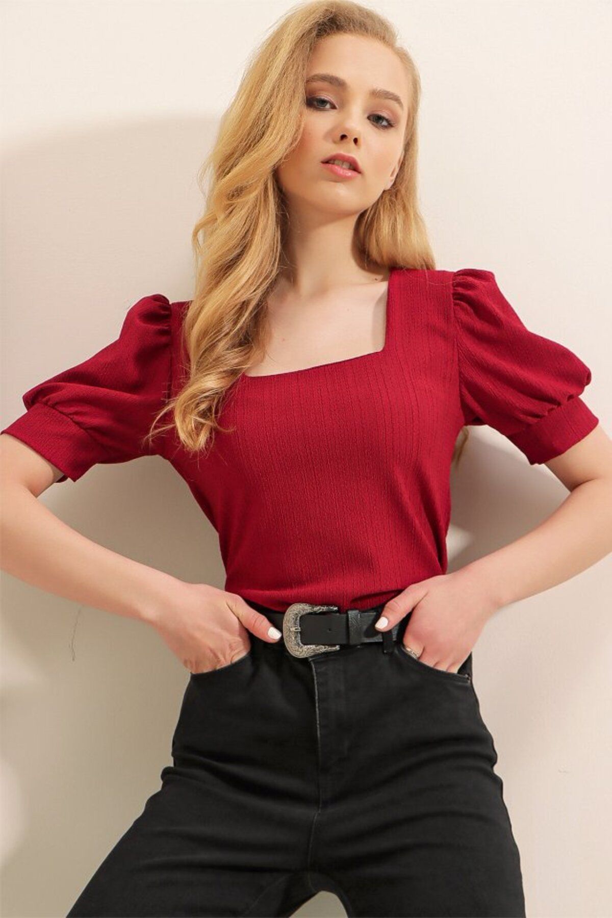 Moka Shopin-Mokashopin 0409 Square Neck Knitted Blouse - Claret Red 2