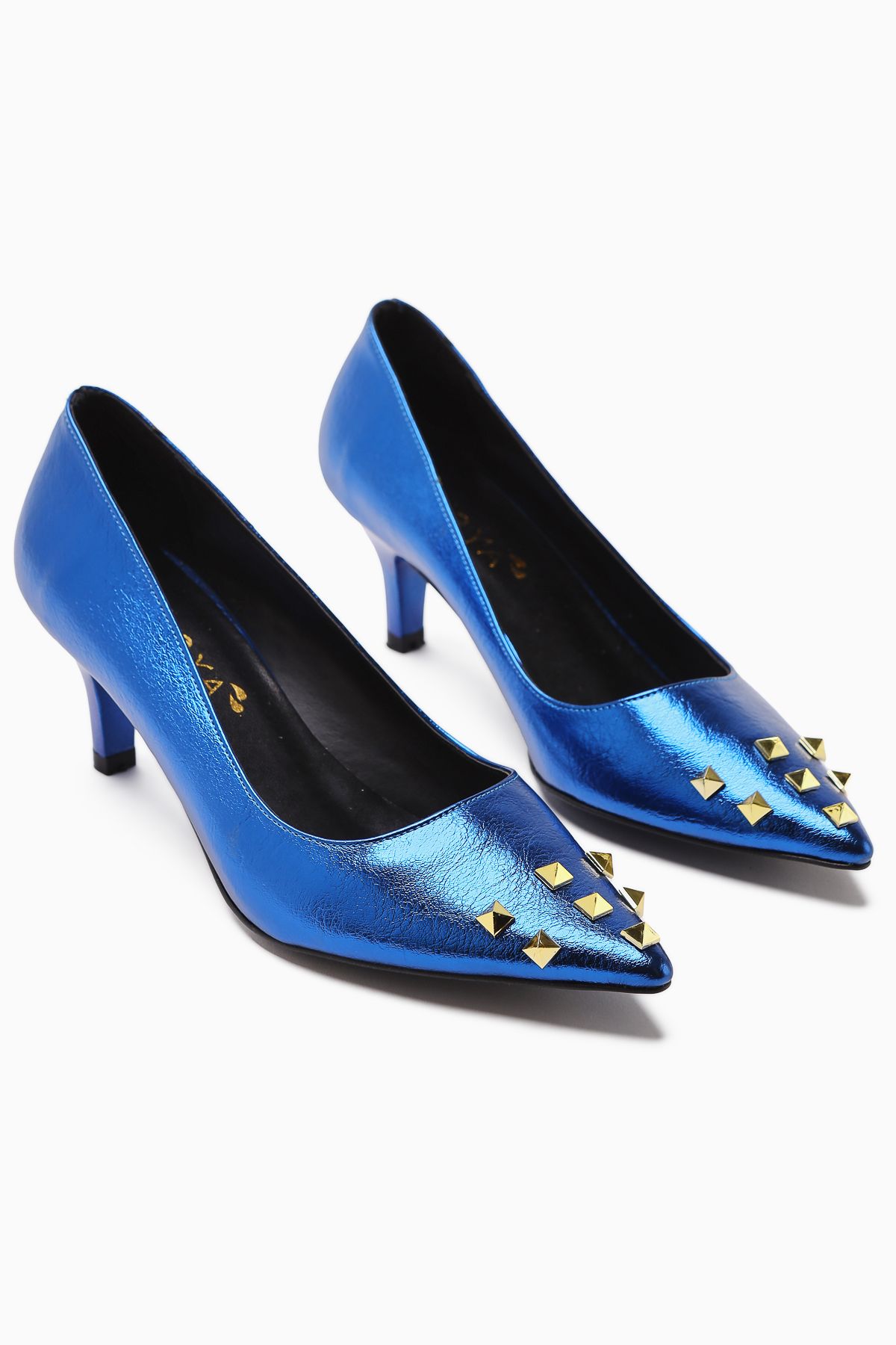 Limoya-Anni Navy Blue Shiny Wrinkled Patent Leather Pyramidal Studded Heeled Women's Shoes 4