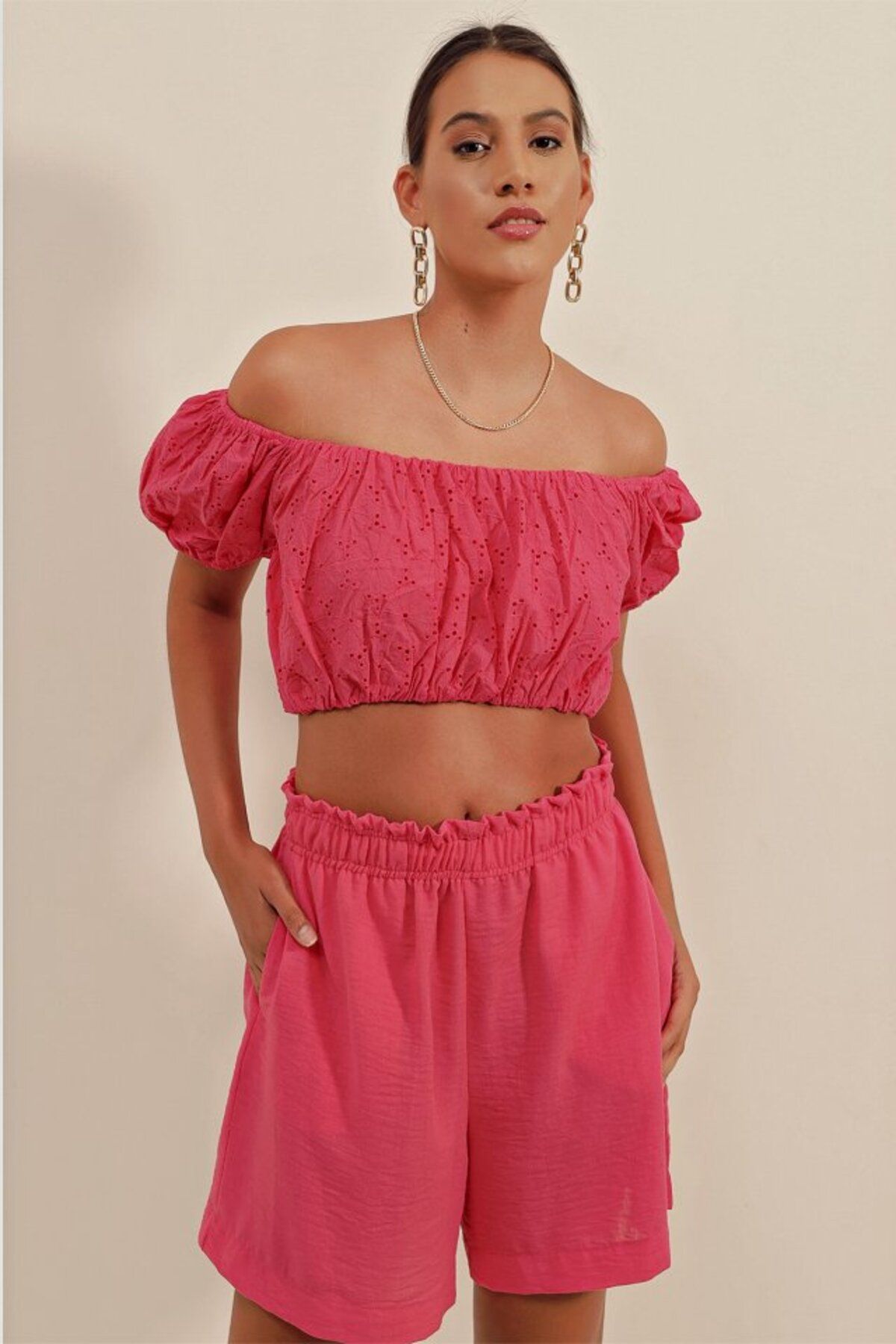 moda wanilia 0481 Fistolu Straplez Bluz - Fuşya